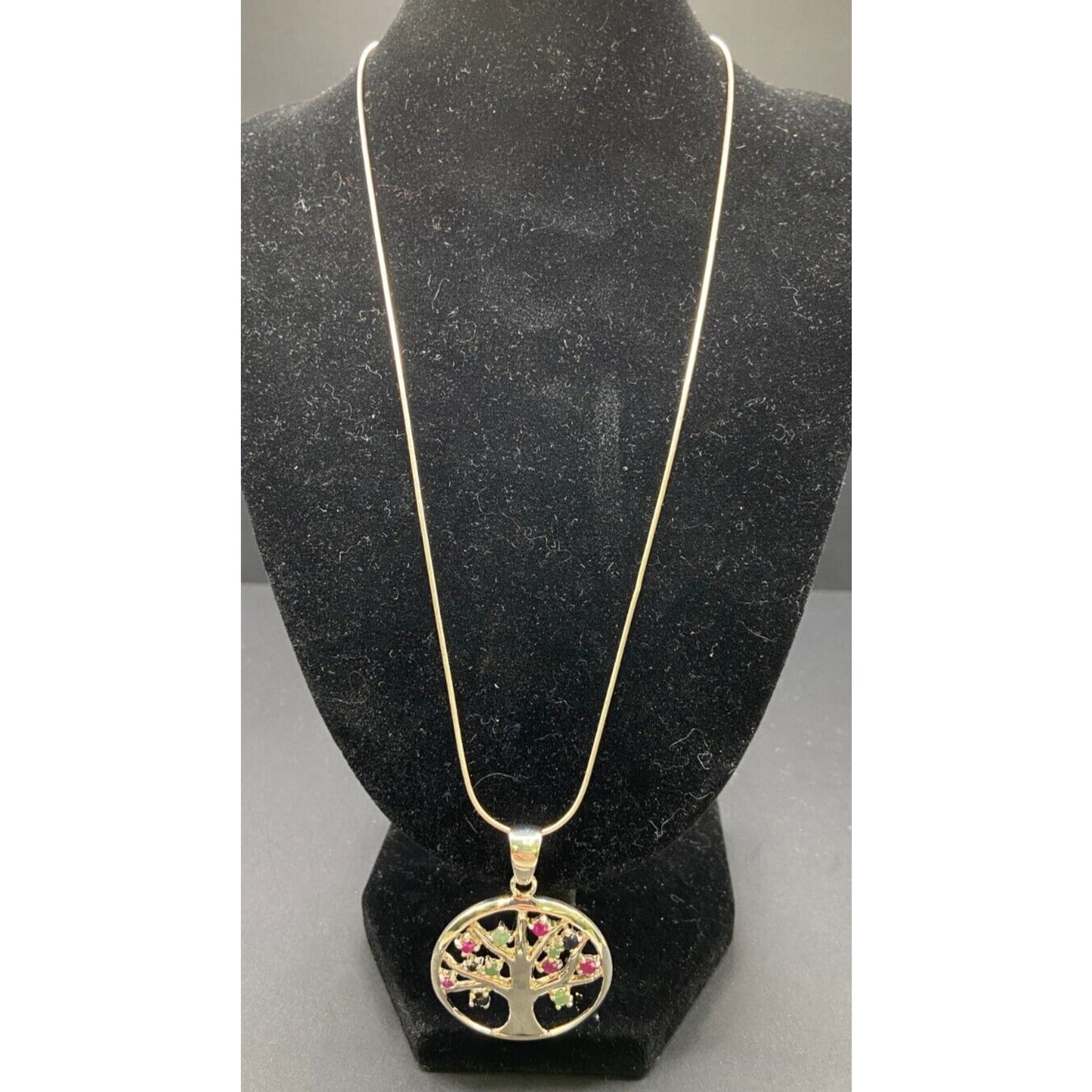 Tree Of Life Pendant Multicolor Stones Snake Chain Necklace 925 Sterling Silver