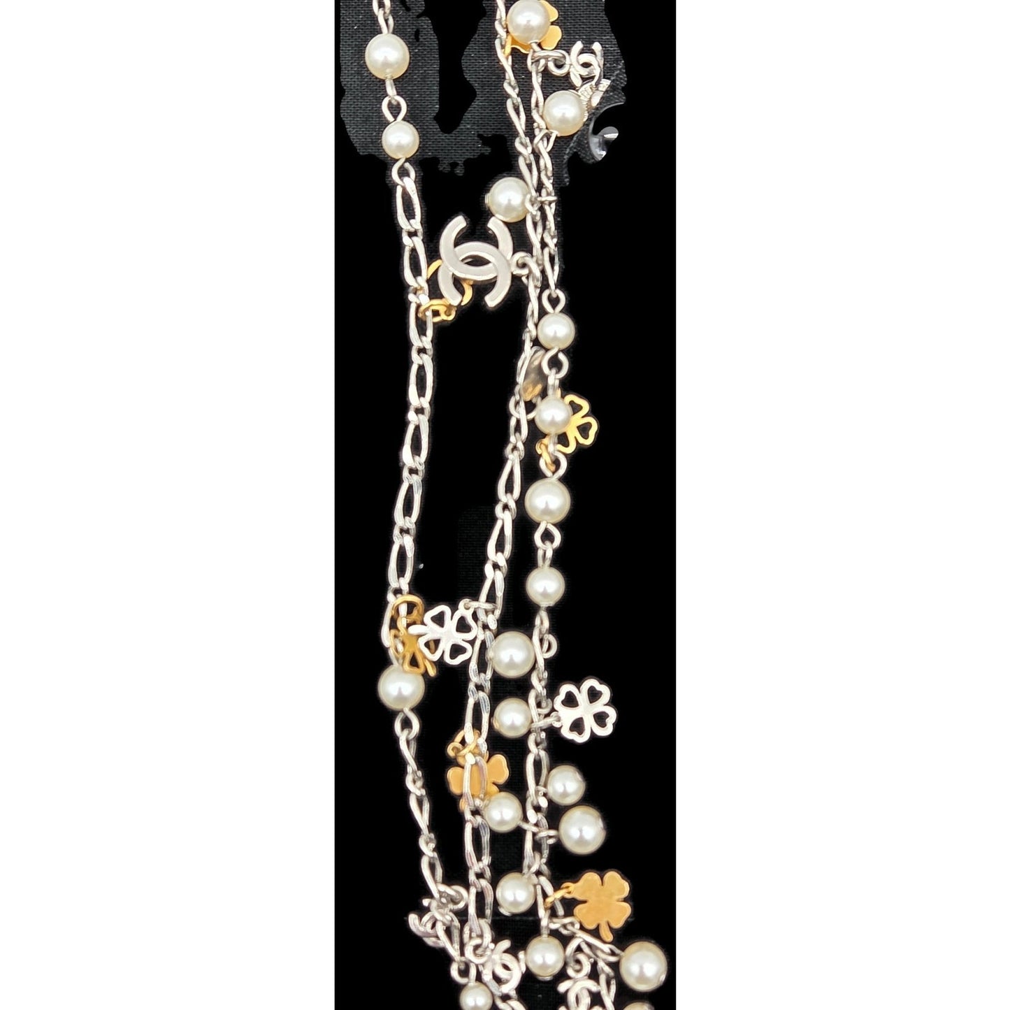 CoCo Chanel Three Strand Chain Hearts Clover Faux Pearl CC Logo Charm Necklace