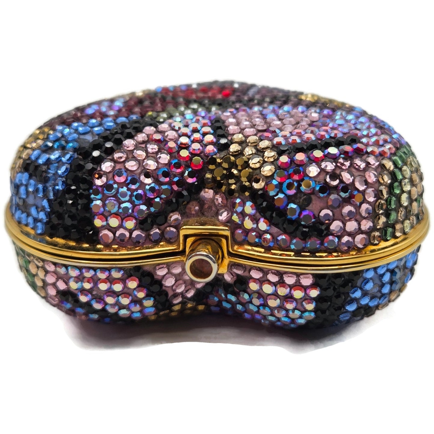 Judith Leiber Heart Crystal Pill Box Multicolor Pave Gold Tone Signed 2 inches