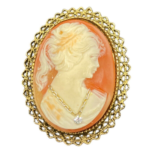 Vintage Cameo Brooch Lady Necklace Mid Century Oval Gold Tone Metal Filigree