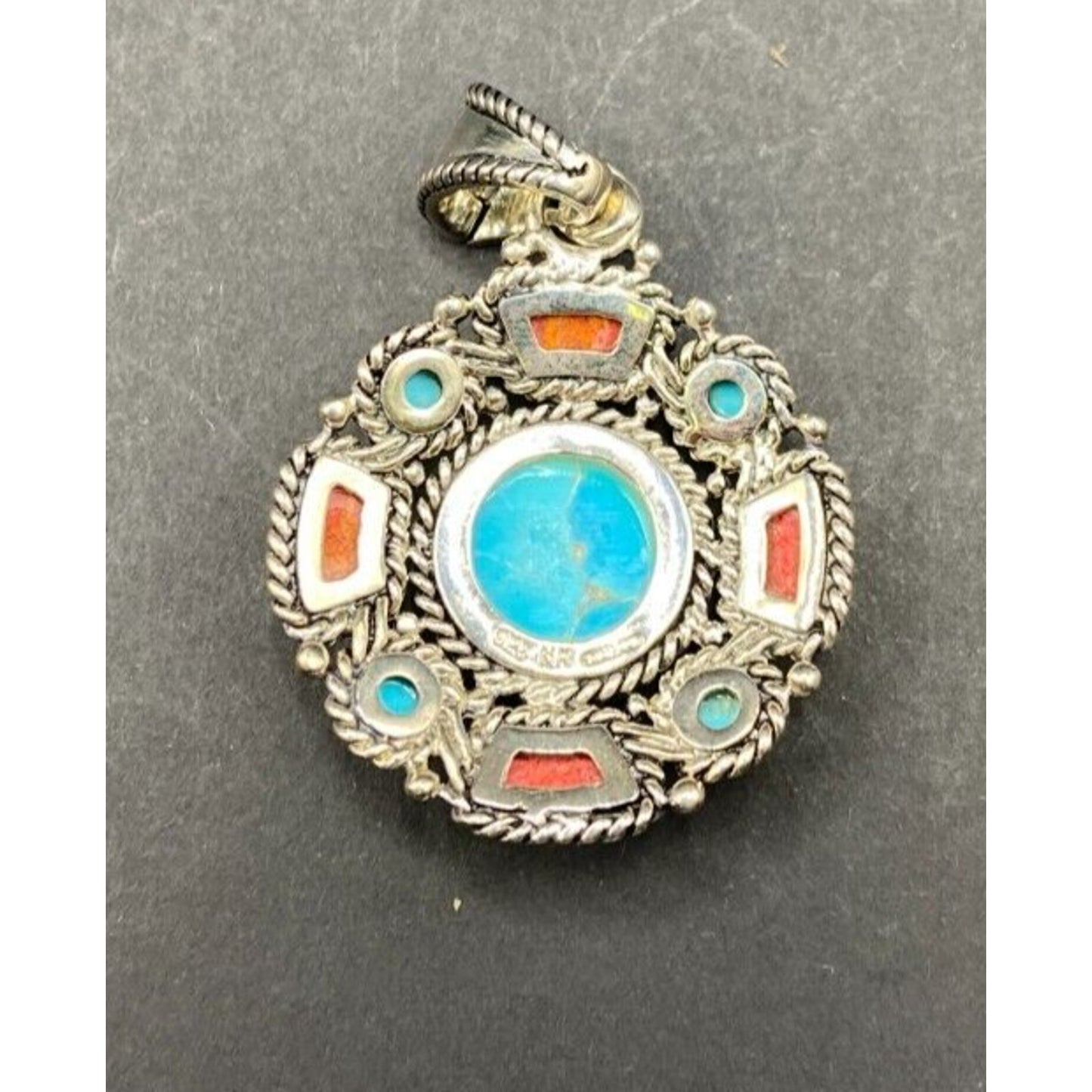 Turquoise Coral Round Charm Pendant Filigree Sterling Silver Crystal NK Thailand