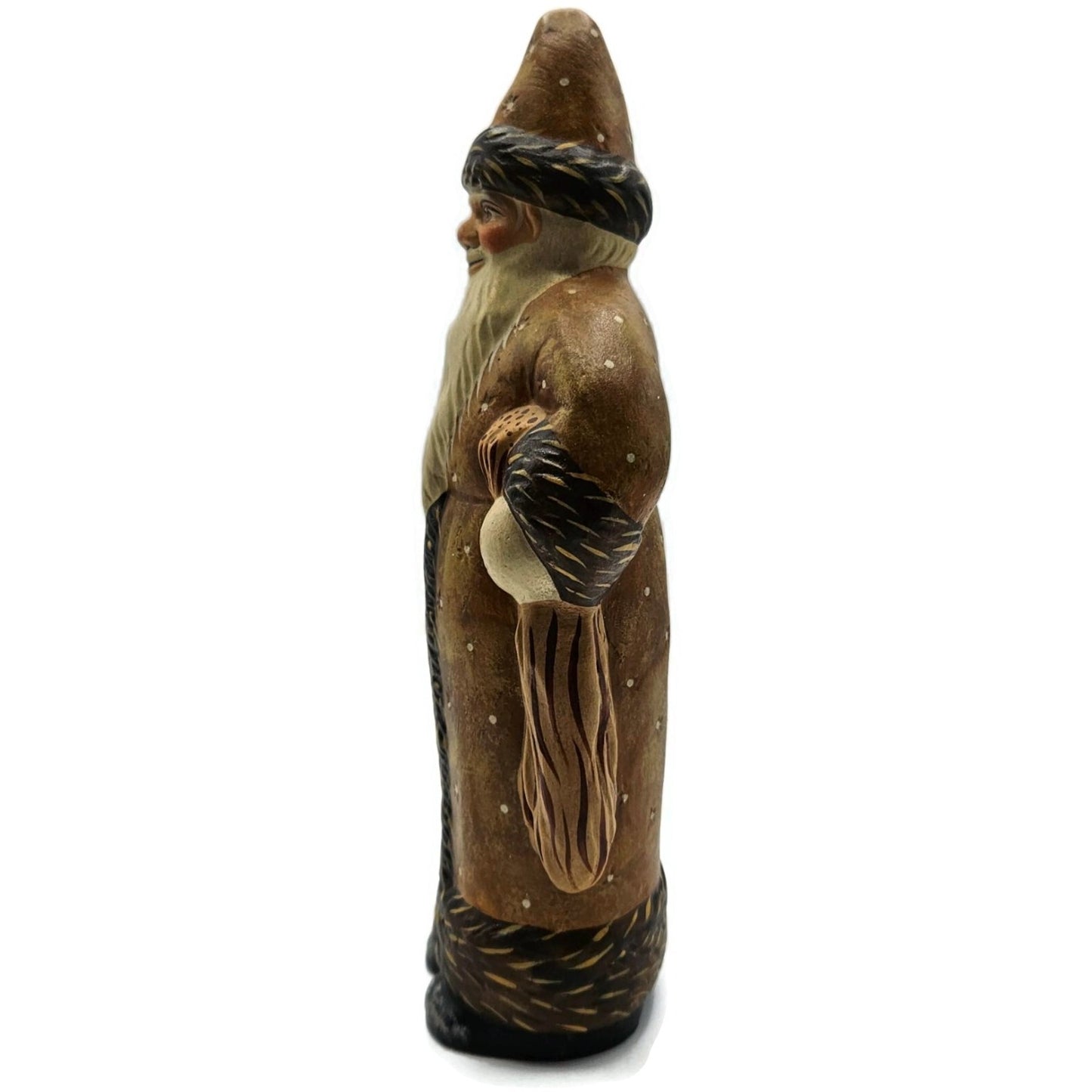 Vaillancourt Brown Father Christmas with Blue Sack Folk Art Chalkware Figurine