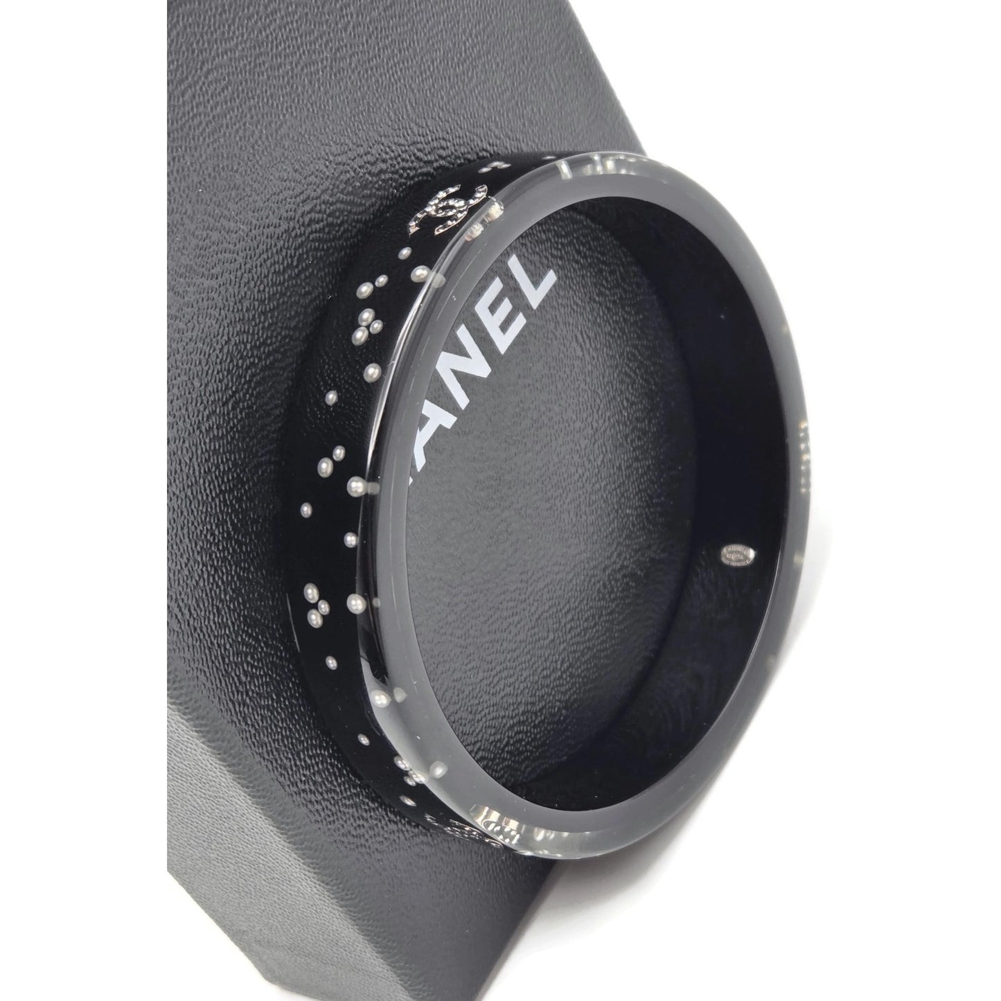 Chanel Black Resin Faux Pearl Crystal CC Logo Details Bangle Bracelet Jewelry