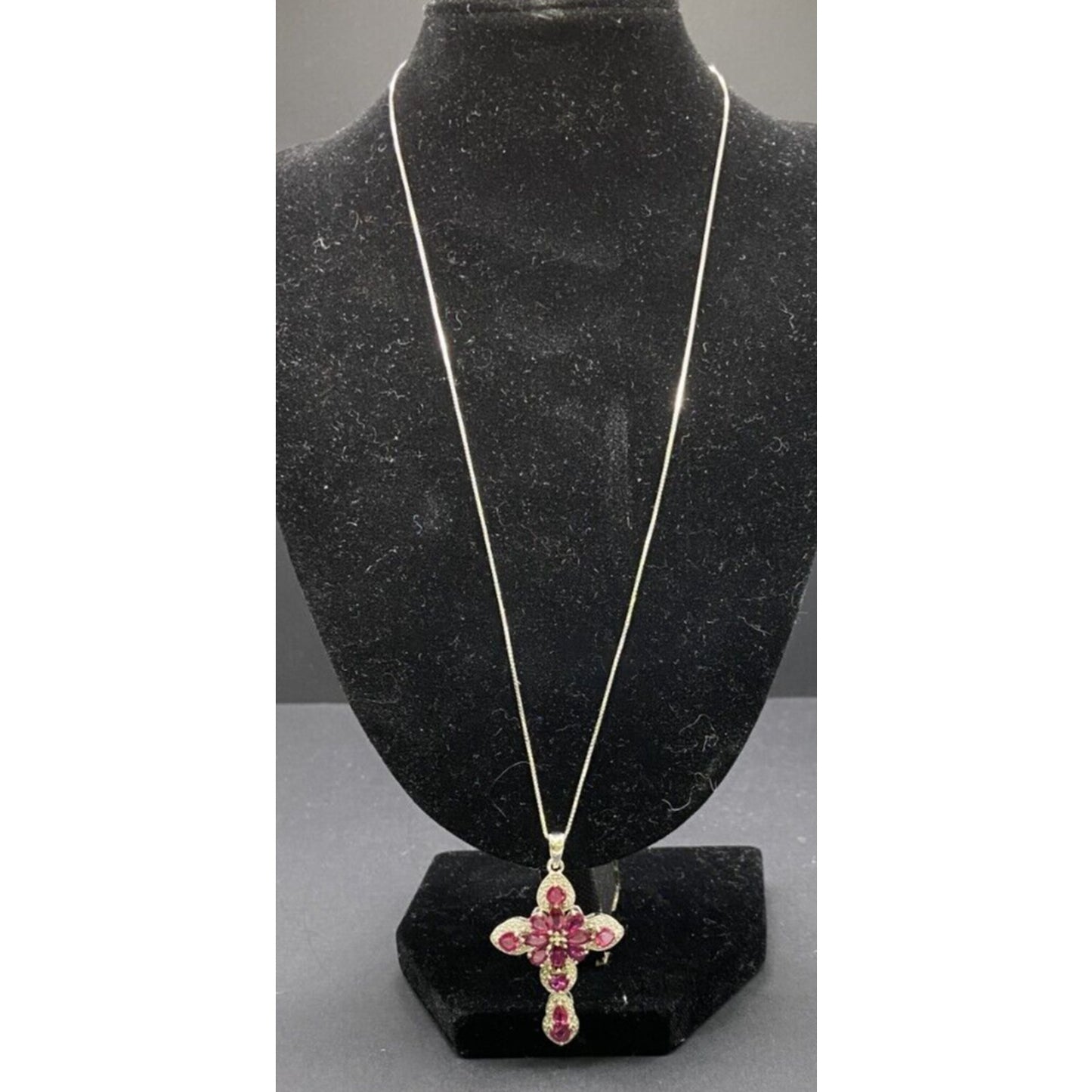 Red Mahaleo Ruby Rhodium Cross Pendant 925 Sterling Box Chain Necklace