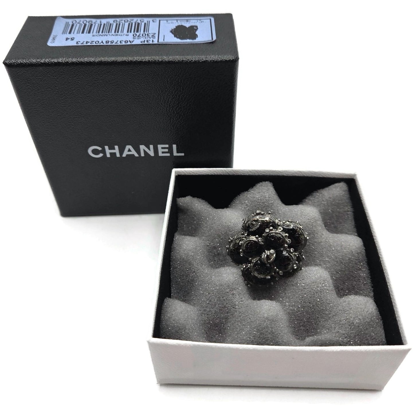 Chanel Camellia CC Ring Ruthenium Black Enamel Crystal EU 54 US 7 w/ Box 13P
