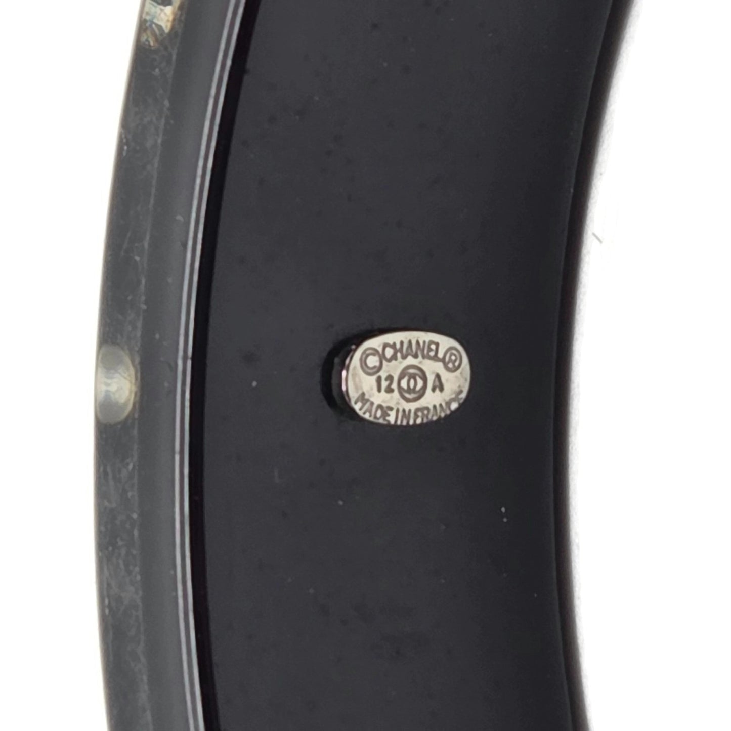 Chanel Black Resin Faux Pearl Crystal CC Logo Details Bangle Bracelet Jewelry