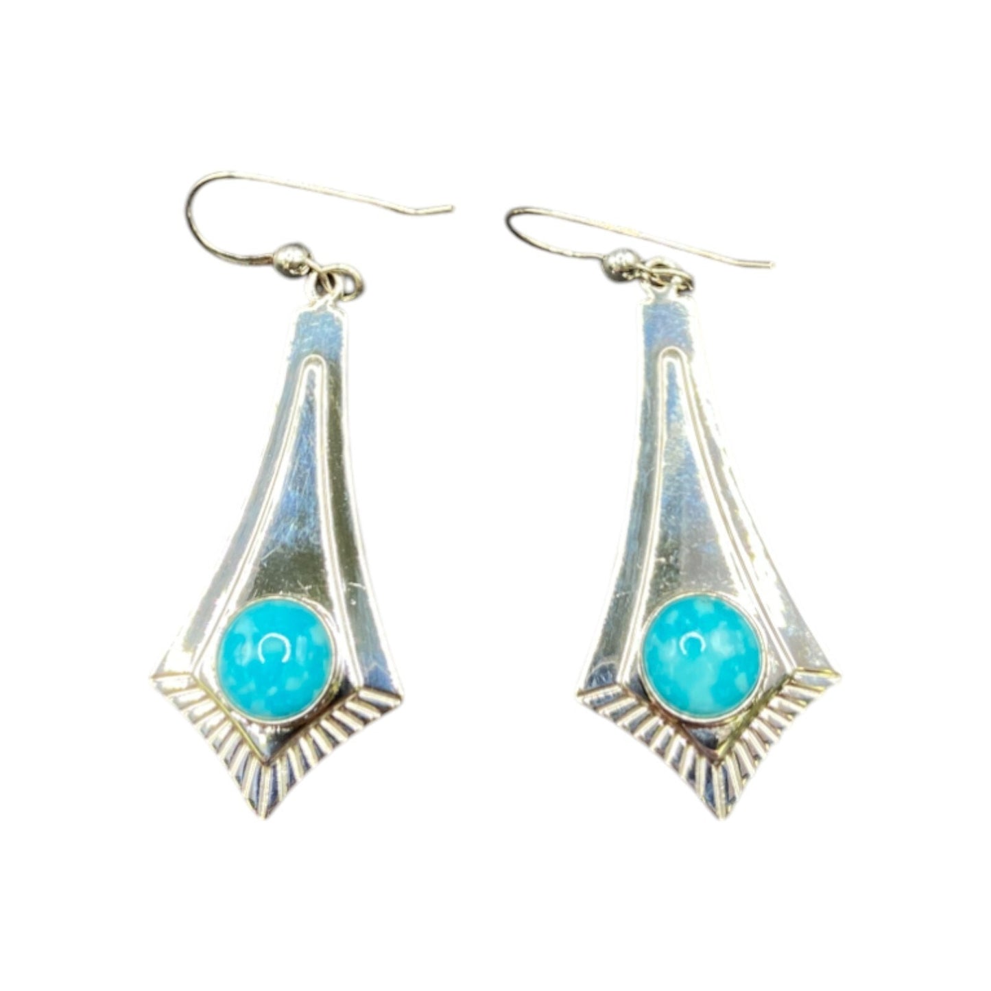 Turquoise Fish Hook Dangle Earrings Round Gemstone Silver Tone Metal