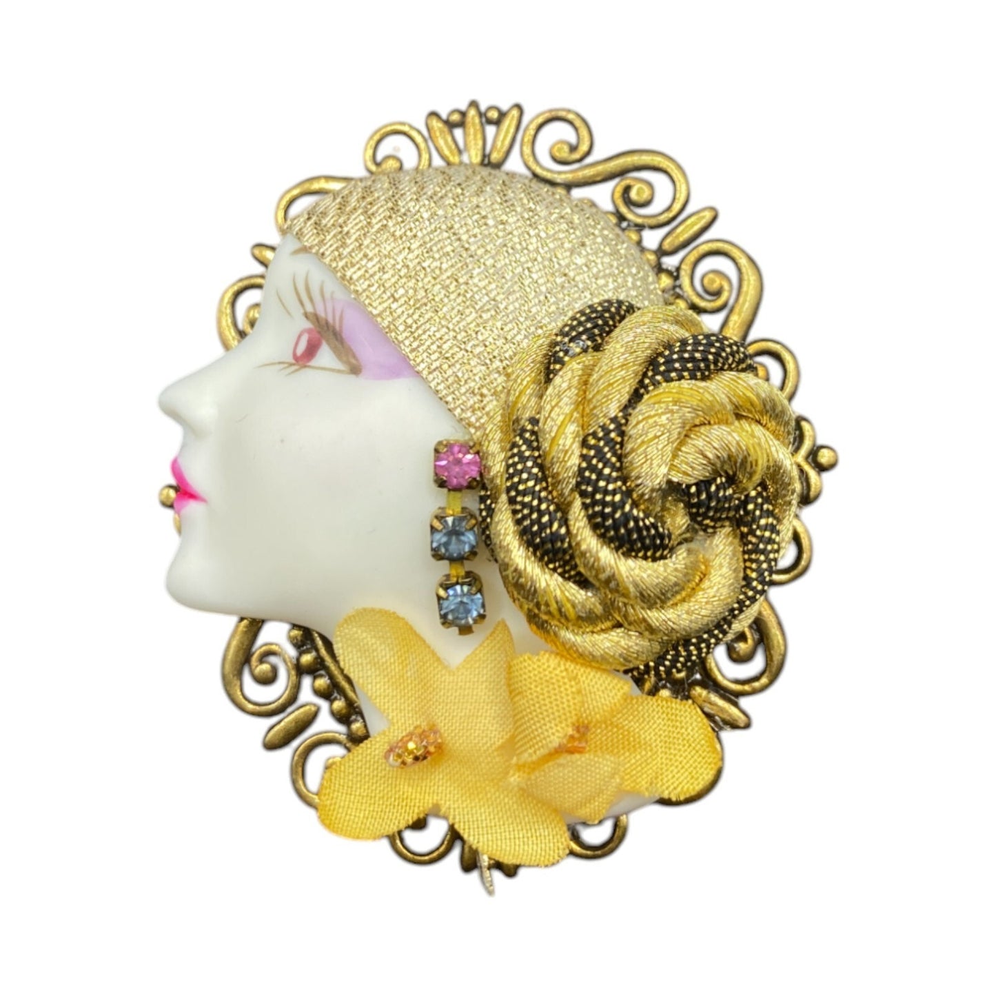 Vintage Porcelain Lady Cameo Brooch Rhinestones Gold Tone Metal Filigree