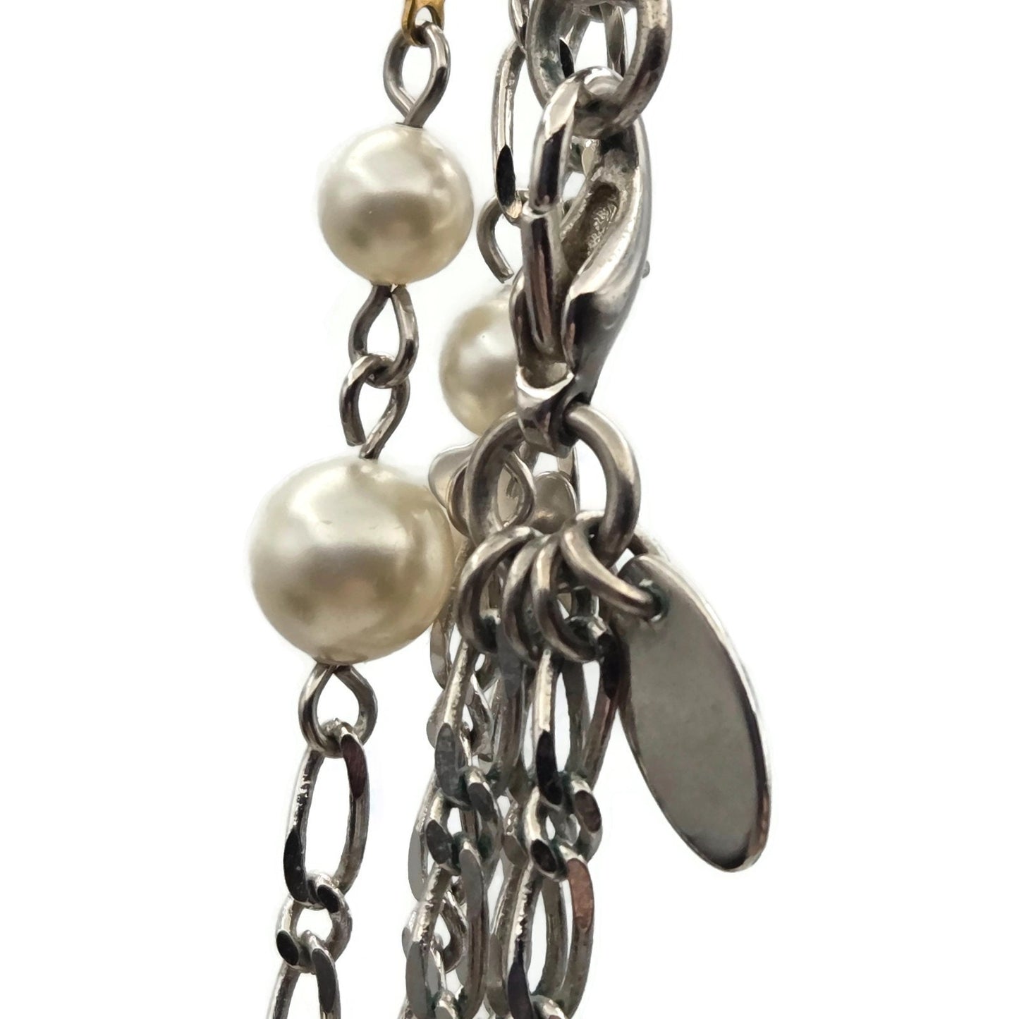 CoCo Chanel Three Strand Chain Hearts Clover Faux Pearl CC Logo Charm Necklace