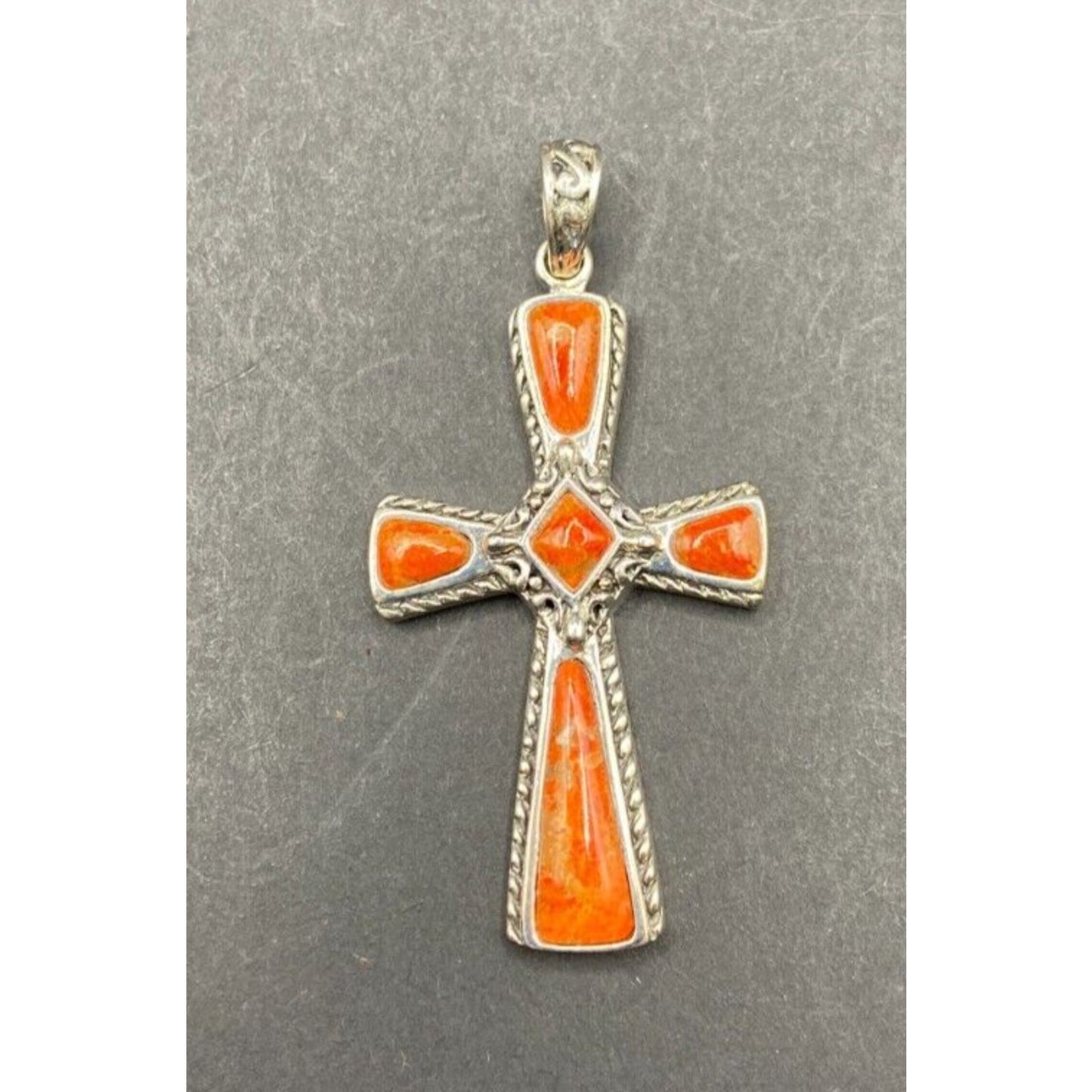 Sponge Coral Orange Stone Cross Pendant 925 Sterling Silver Crystal NK Thailand
