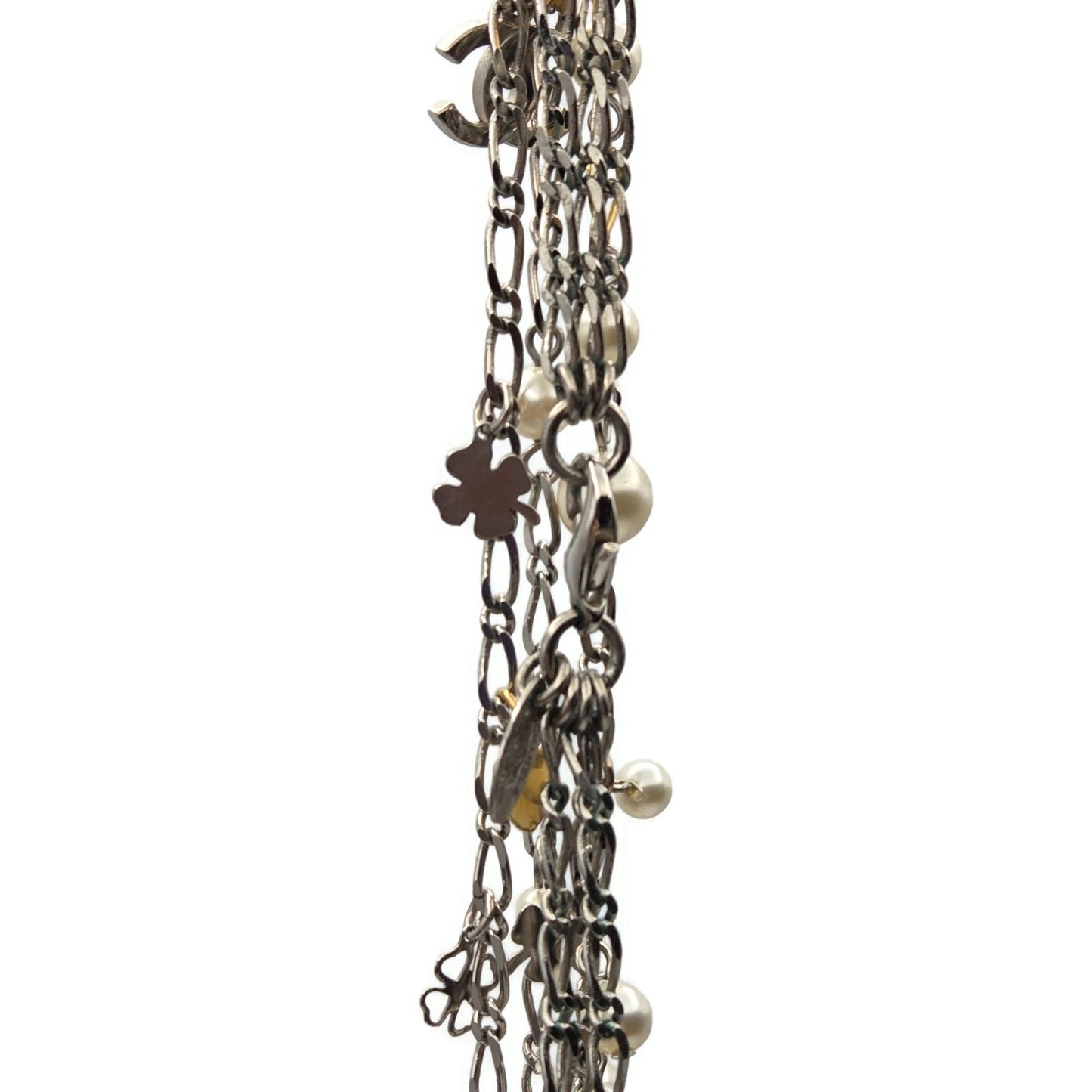 CoCo Chanel Three Strand Chain Hearts Clover Faux Pearl CC Logo Charm Necklace