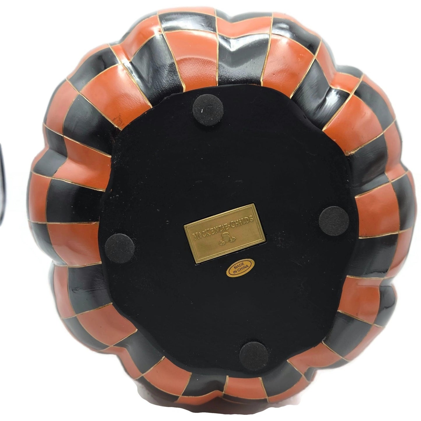 MacKenzie Childs Courtly Check Halloween Pumpkin Large Orange Black w/ Gold Stem