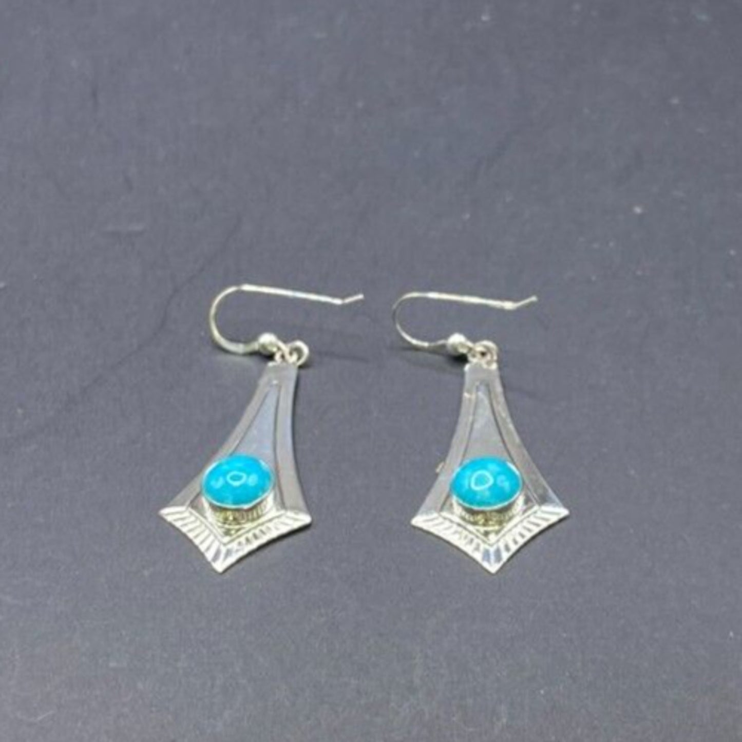 Turquoise Fish Hook Dangle Earrings Round Gemstone Silver Tone Metal