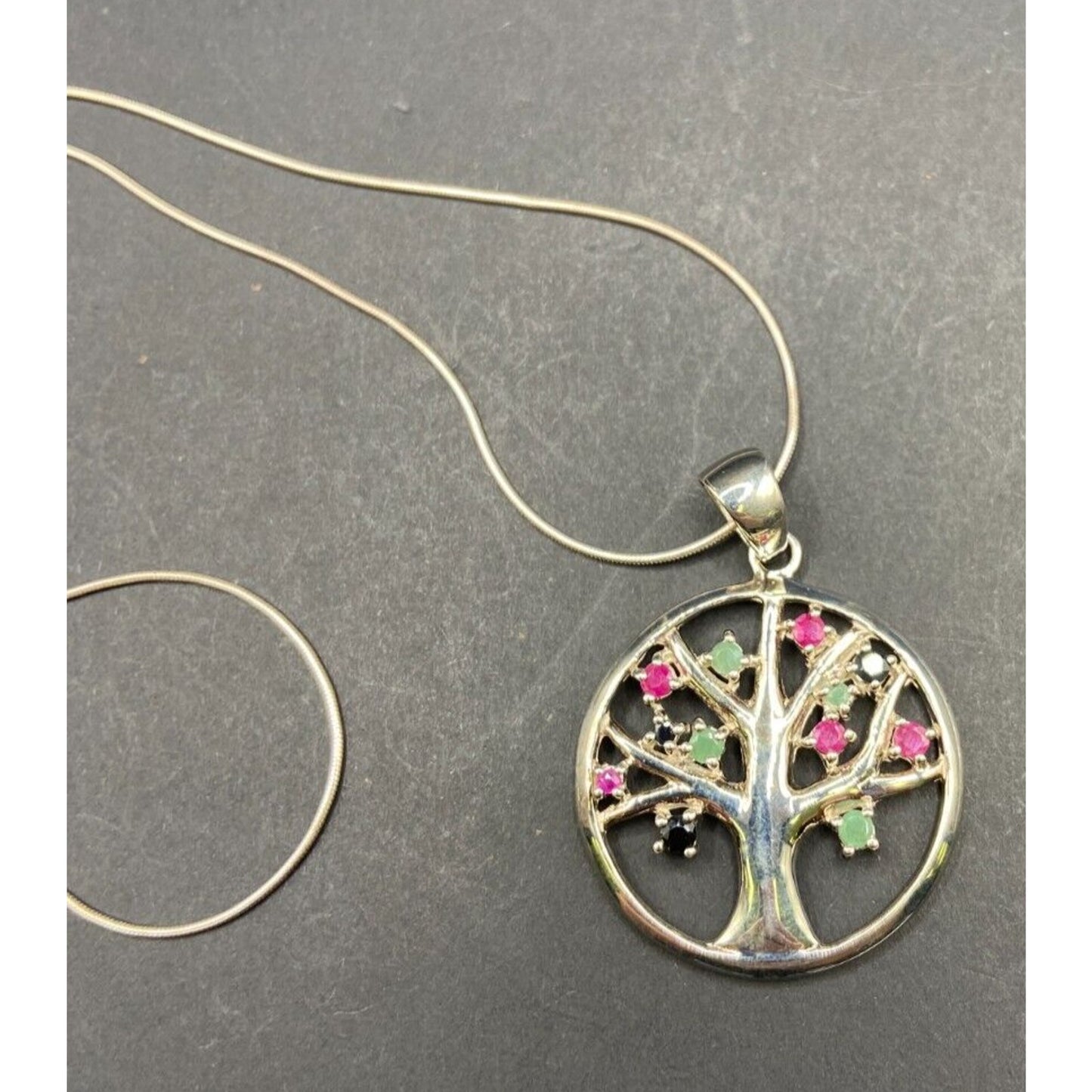 Tree Of Life Pendant Multicolor Stones Snake Chain Necklace 925 Sterling Silver