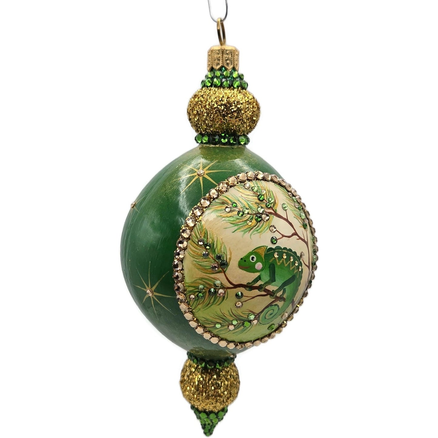 Patricia Breen Le Fleuron Pine Chameleon Green Gold Stars Christmas Ornament