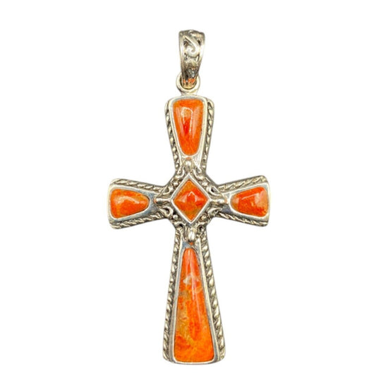 Sponge Coral Orange Stone Cross Pendant 925 Sterling Silver Crystal NK Thailand