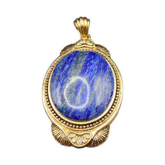 Lapis Lazuli Pendant Cabochon Gemstone Oval Shaped Gold Tone Metal Thailand