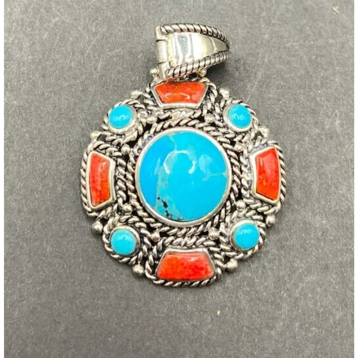 Turquoise Coral Round Charm Pendant Filigree Sterling Silver Crystal NK Thailand