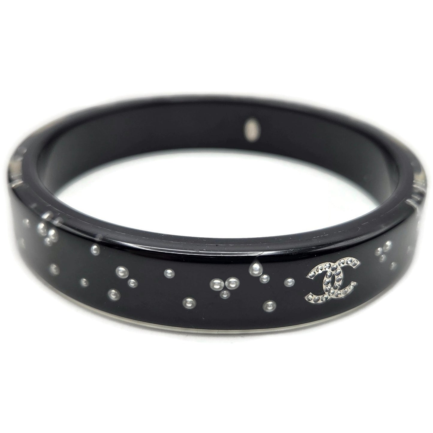 Chanel Black Resin Faux Pearl Crystal CC Logo Details Bangle Bracelet Jewelry
