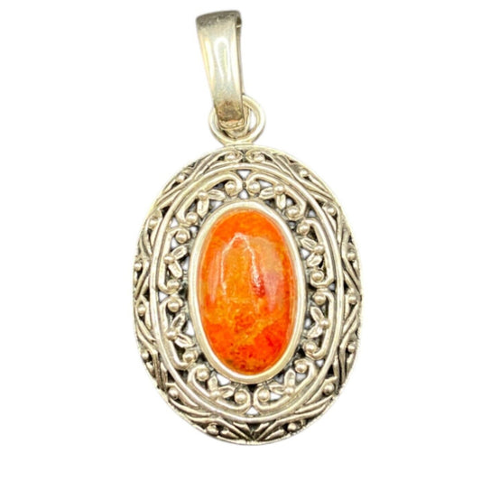 Spiny Oyster Oval Shaped Pendant Orange Gemstone 925 Sterling Silver Filigree