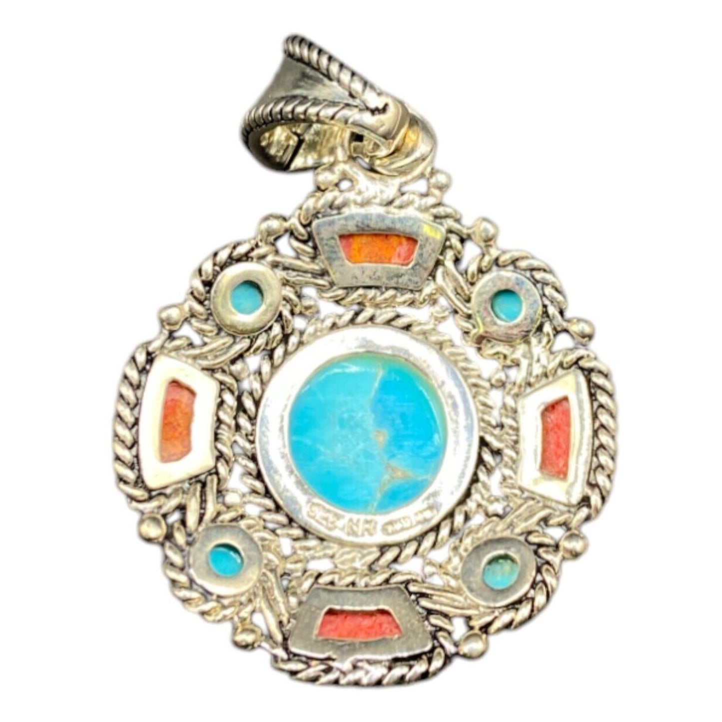 Turquoise Coral Round Charm Pendant Filigree Sterling Silver Crystal NK Thailand
