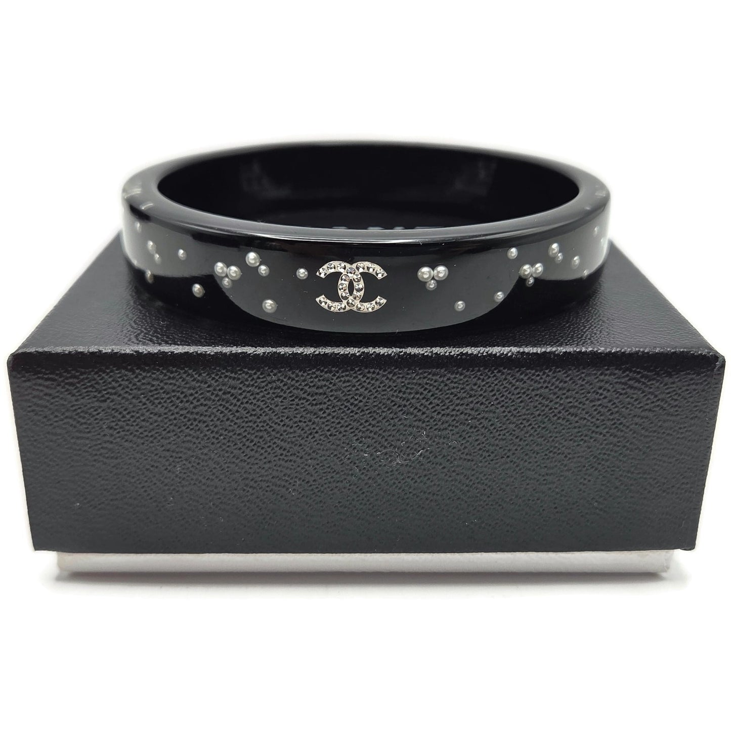 Chanel Black Resin Faux Pearl Crystal CC Logo Details Bangle Bracelet Jewelry