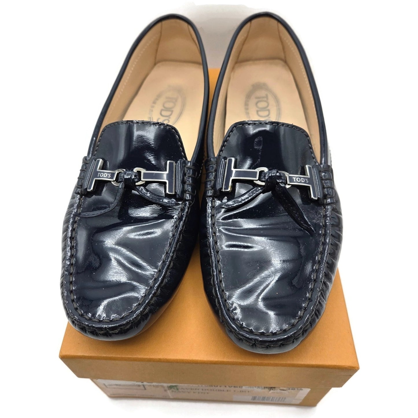 Tod’s Heaven Double T-Bit Loafers Navy Patent Leather Driving Shoes Rare 39.5