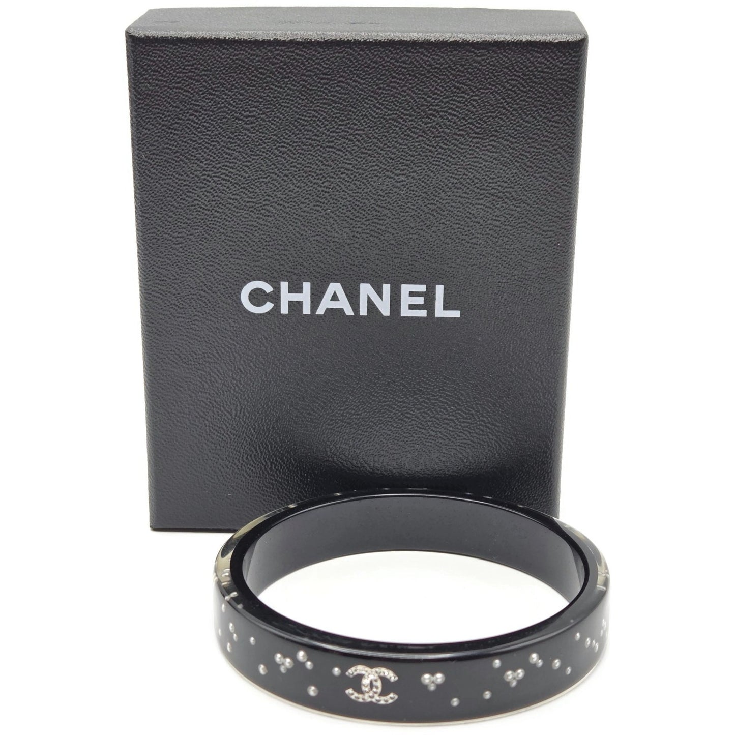 Chanel Black Resin Faux Pearl Crystal CC Logo Details Bangle Bracelet Jewelry