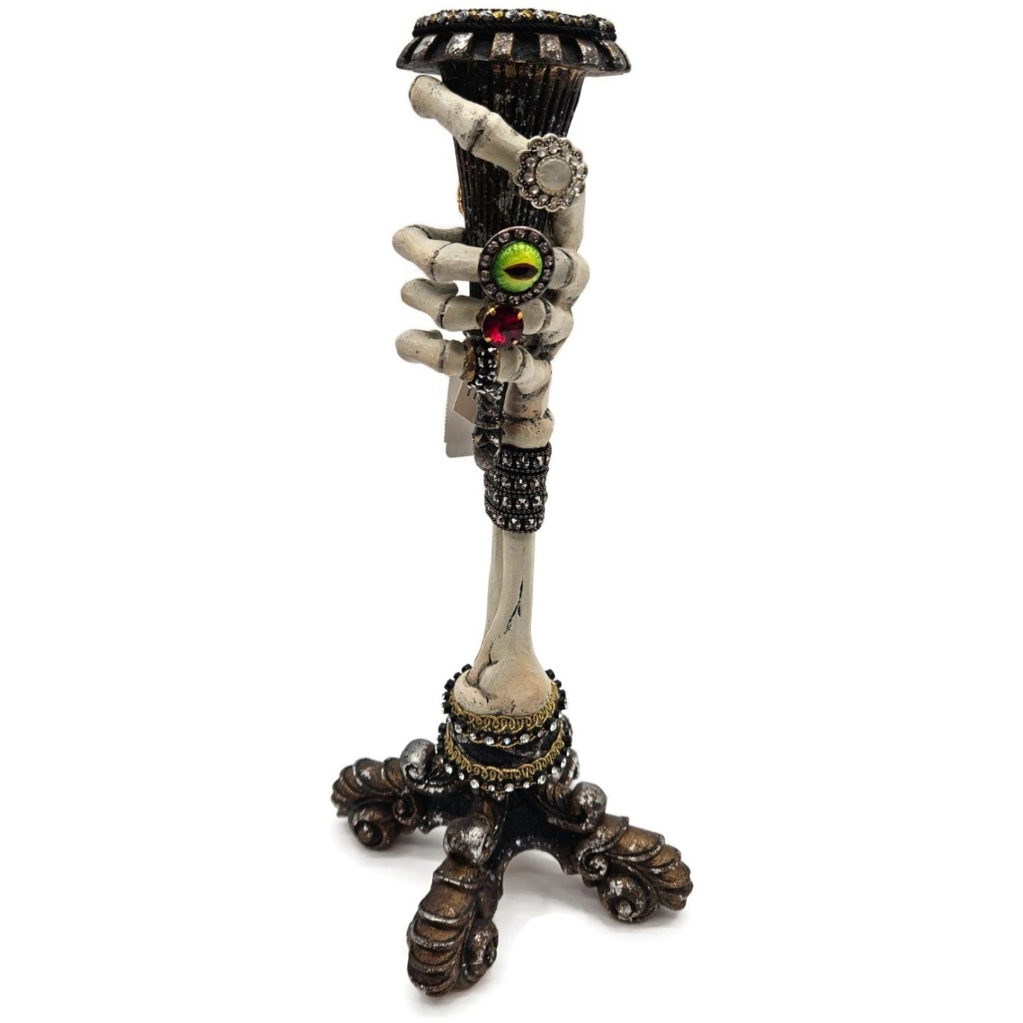 Katherine’s Collection Skeleton Hand Taper Candle Holders Pair Jeweled Rings 13"