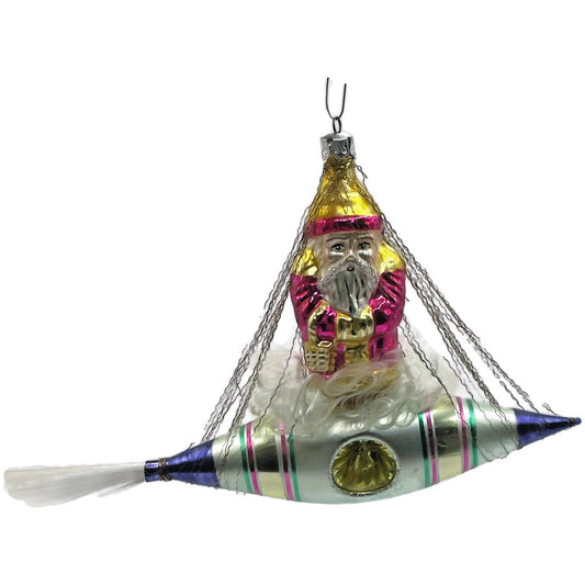 Christopher Radko Pink Santa In Space Blue Silver Rocket Christmas Tree Ornament