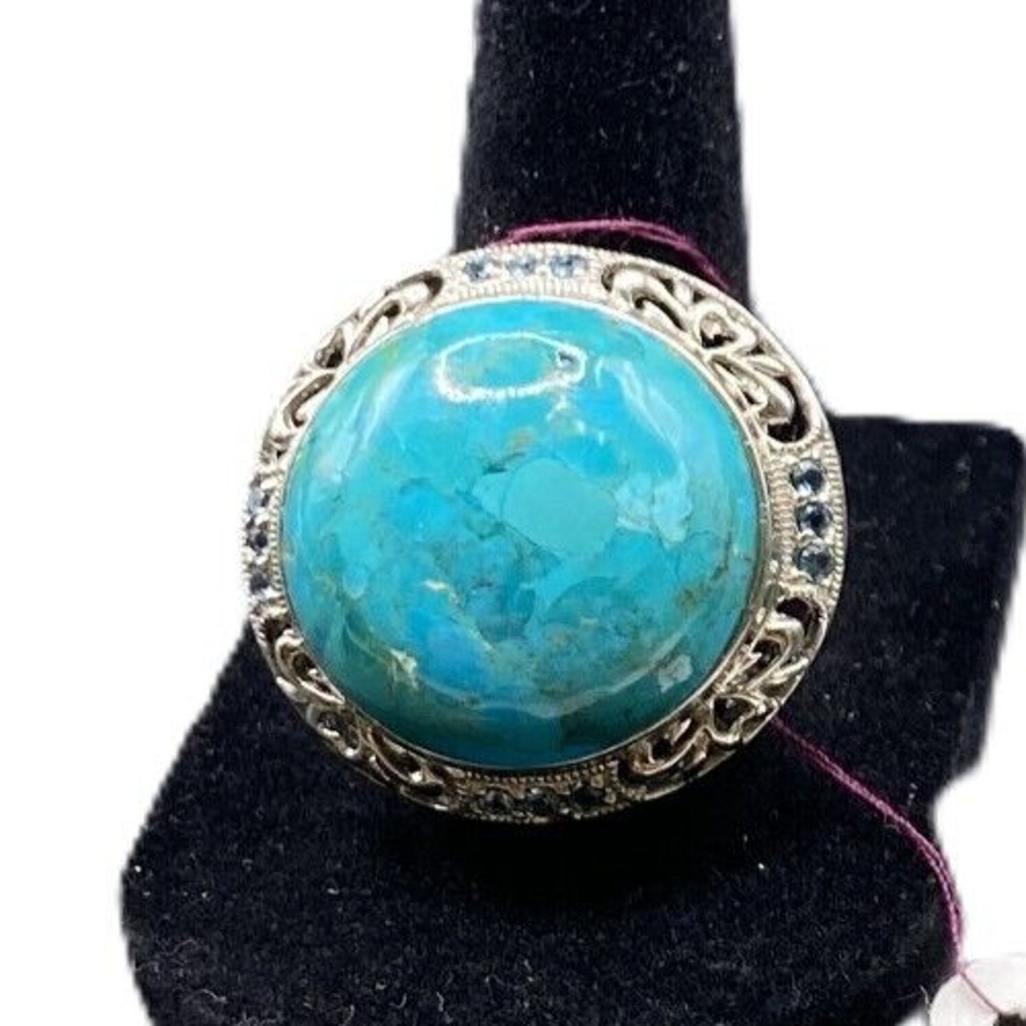 925 Sterling Silver Turquoise Ring Rhinestone Details Cabochon Gemstone Size 8