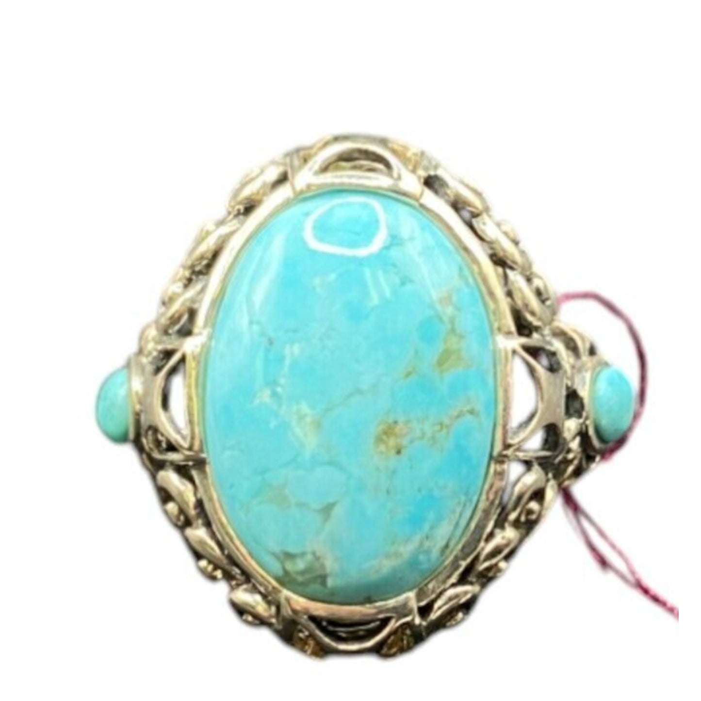Turquoise Ring Sterling Silver NK Oval Ornate Semi Precious Stone Blue 7.75