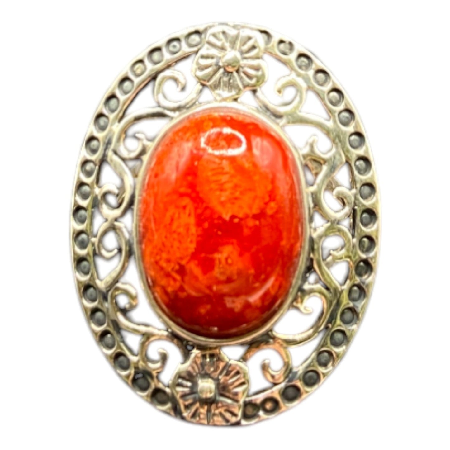 925 Sterling Silver Ring Sponge Coral Filigree Orange Oval Gemstone Size 7