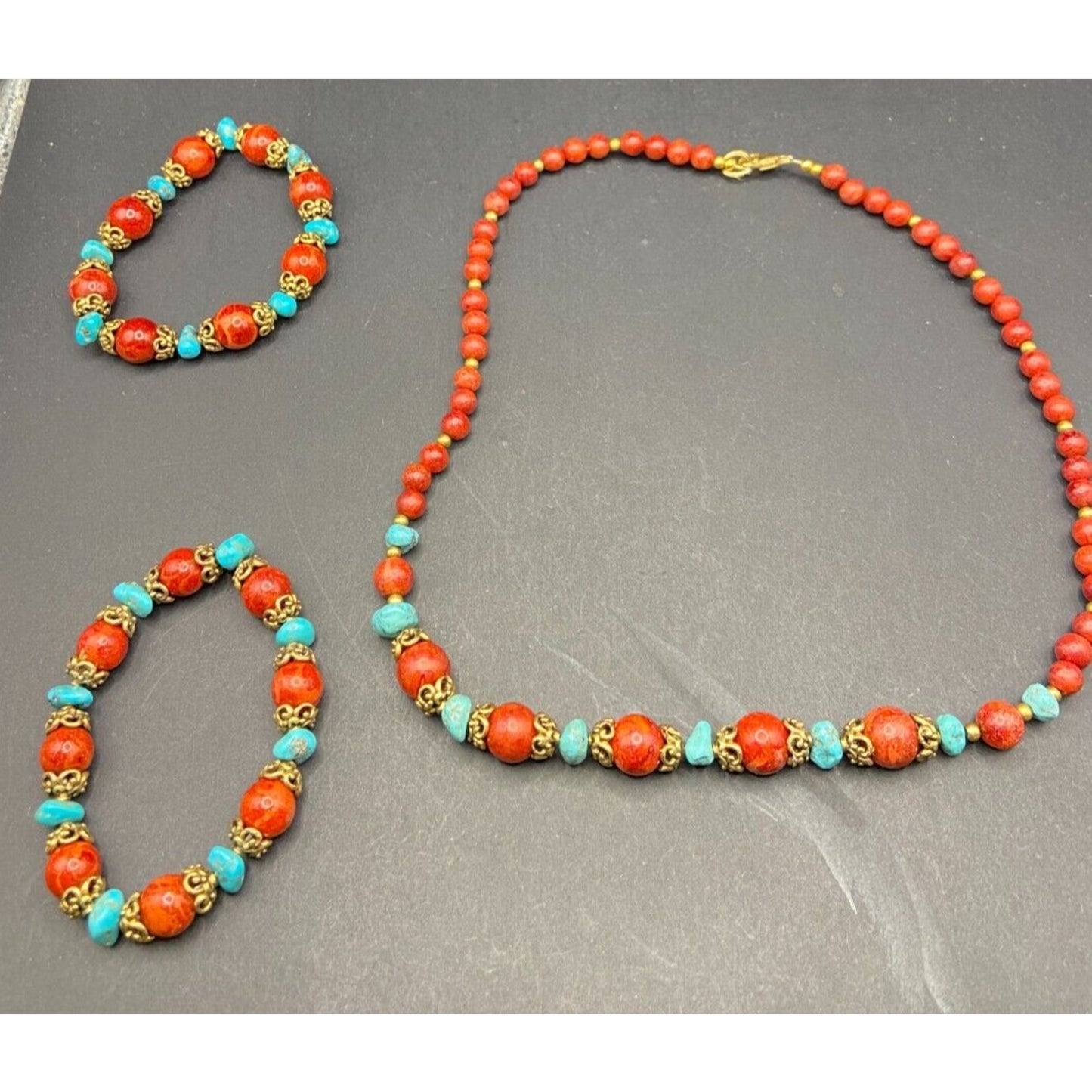 3 Pc Set Sponge Coral Turquoise Beaded Necklace Bracelets Gold Tone Metal