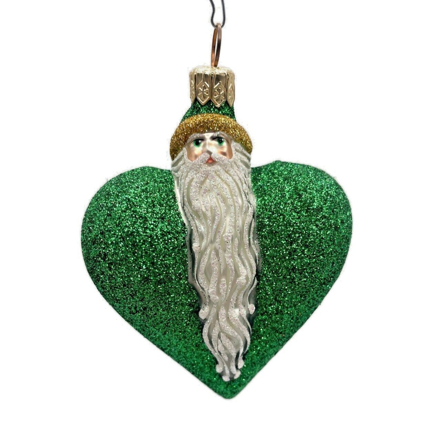 Ornament Patricia Breen Santa du Coeur Green Valentines Heart Glittered Holiday