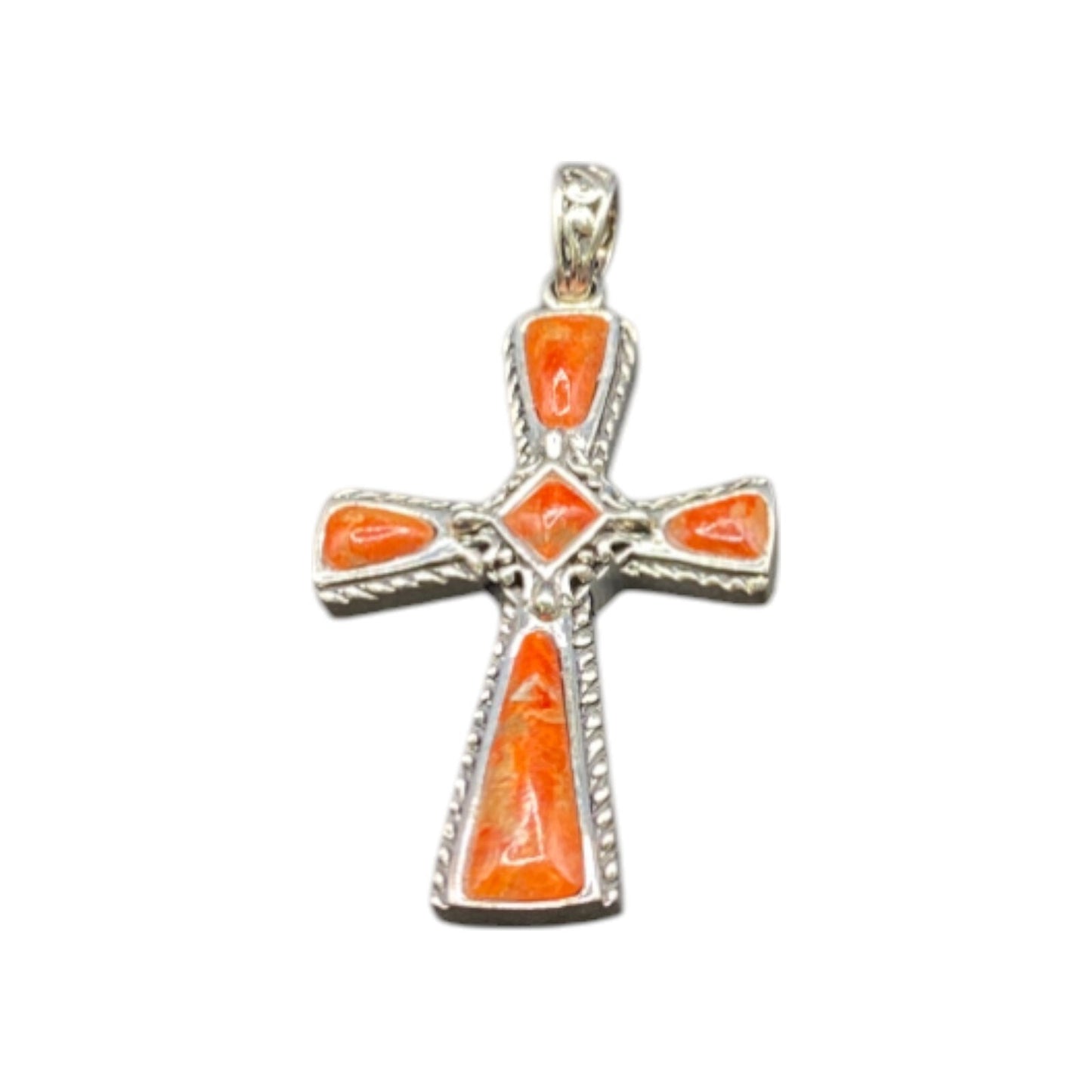 Sponge Coral Orange Stone Cross Pendant 925 Sterling Silver Crystal NK Thailand