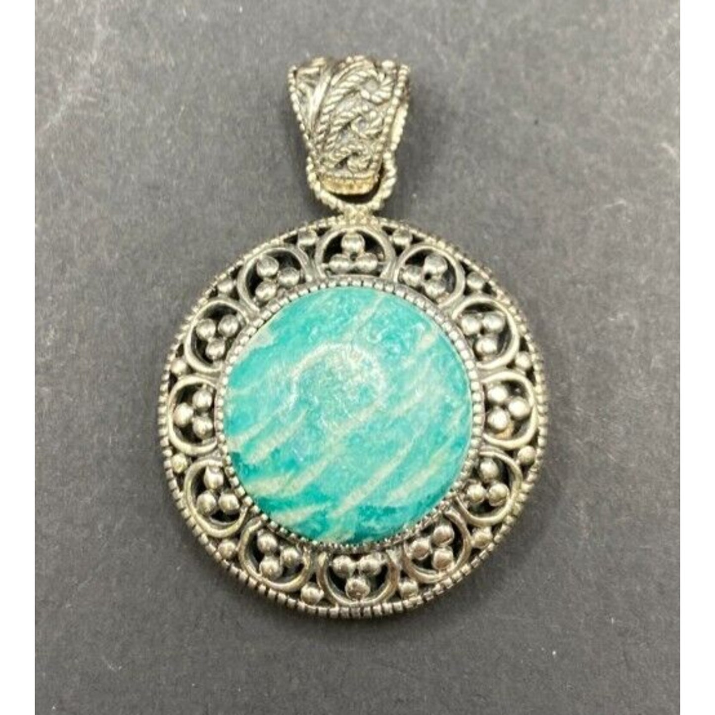 Amazonite Crystal Stone Pendant Round Cabochon Shaped Silver Tone Metal Filigree