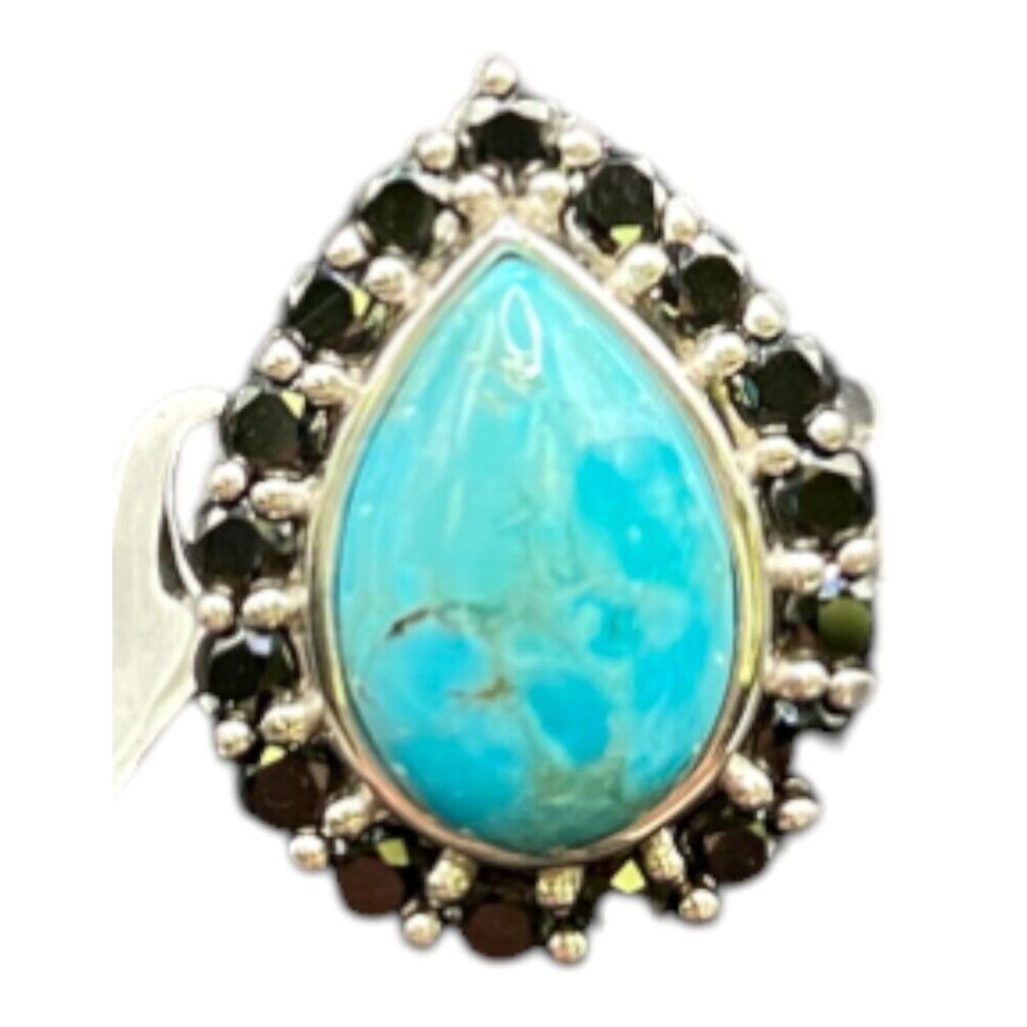 Turquoise Ring Teardrop Gemstone Black Rhinestone 925 Sterling Silver Size 7.5