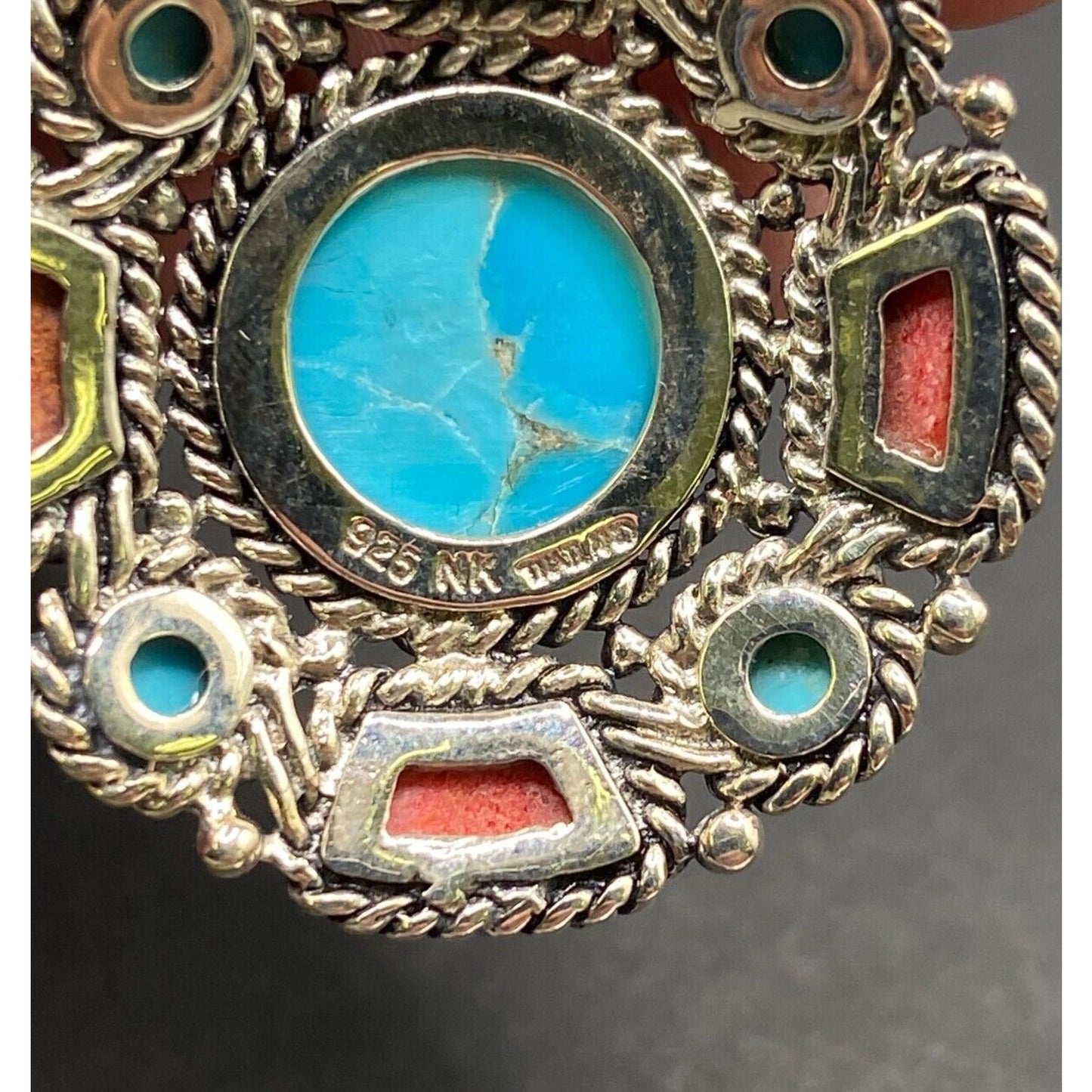 Turquoise Coral Round Charm Pendant Filigree Sterling Silver Crystal NK Thailand