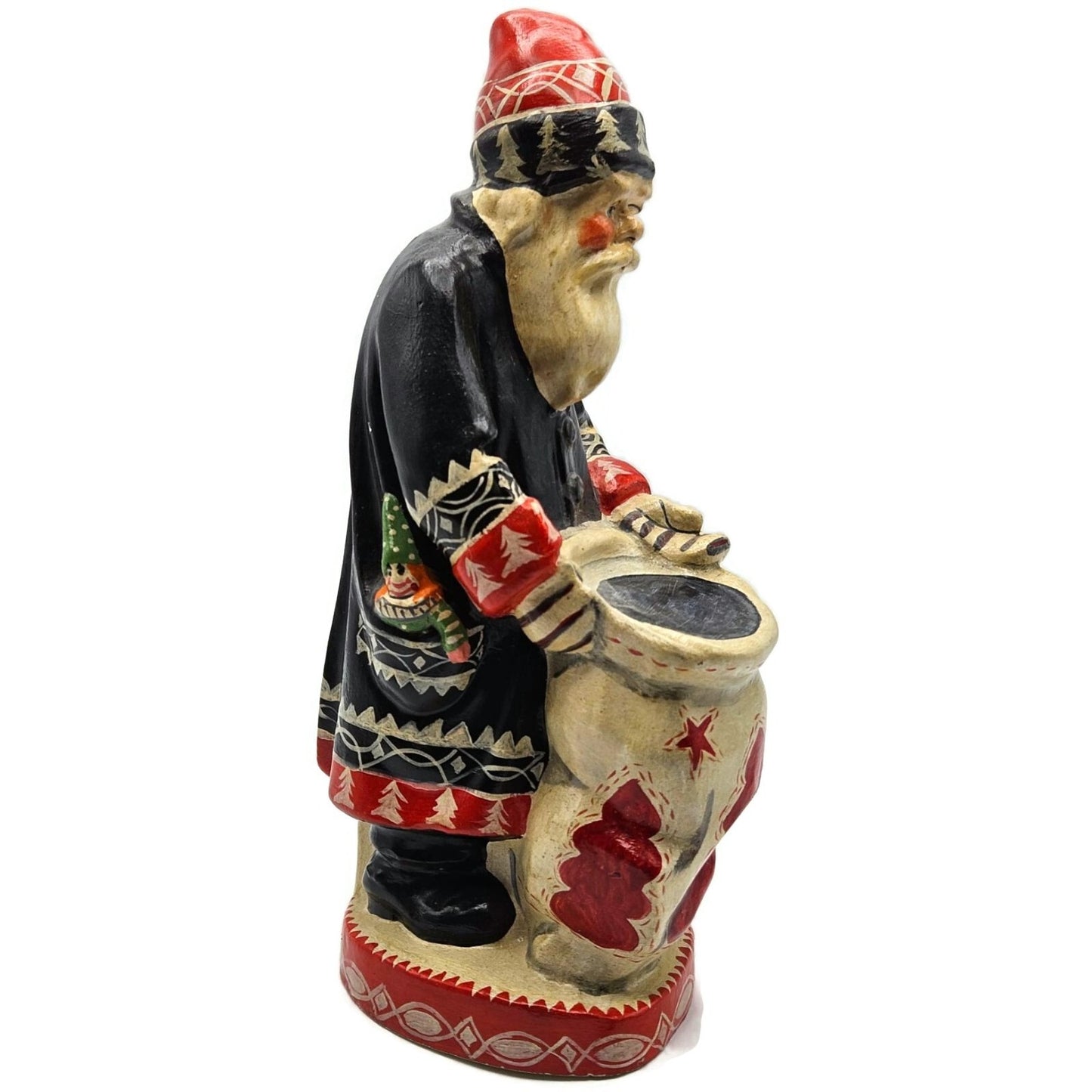 Vaillancourt Father Christmas Wearing Black Coat Red Work Sack Chalkware Folk