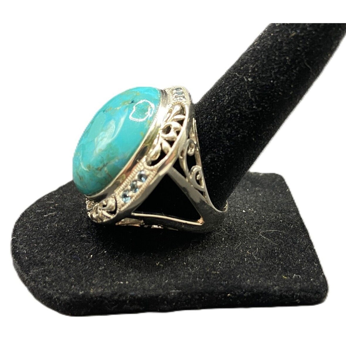 925 Sterling Silver Turquoise Ring Rhinestone Details Cabochon Gemstone Size 8