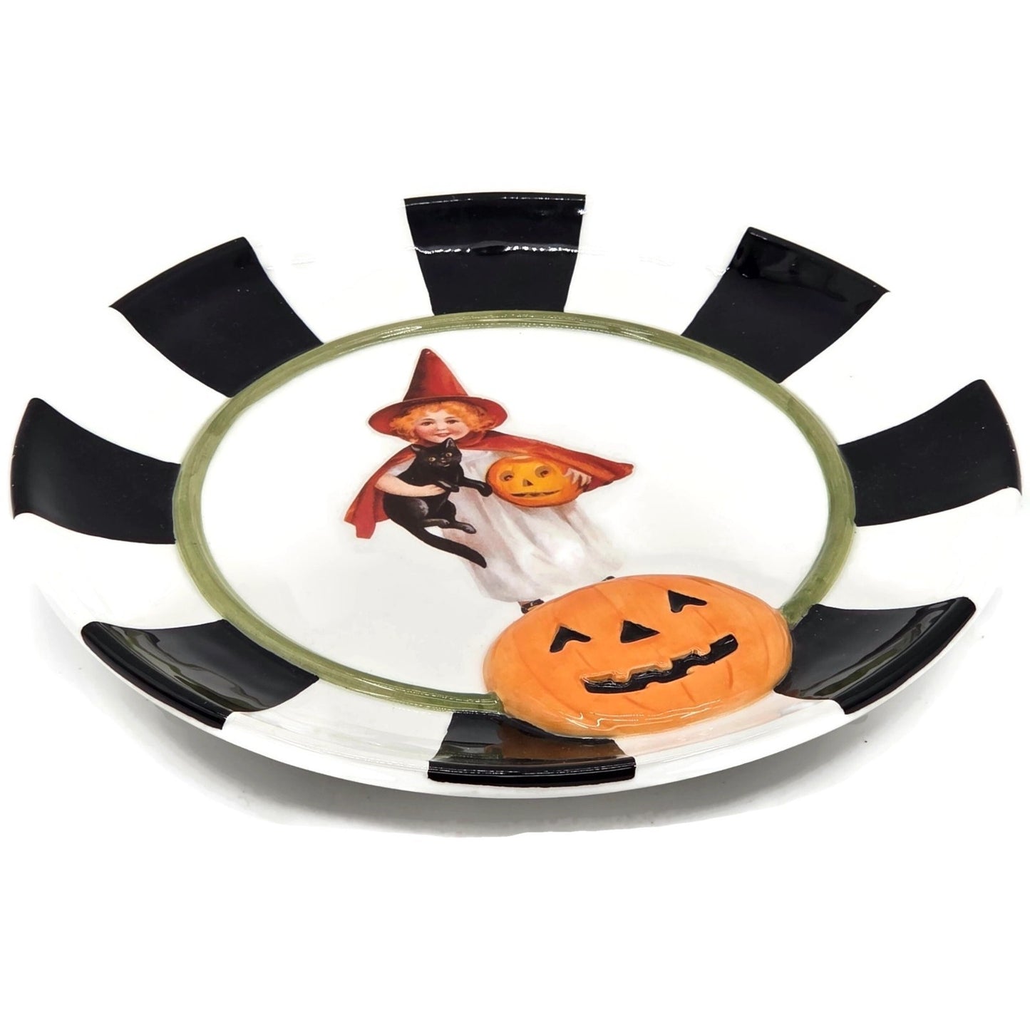 Department 56 Plate Halloween Witch Black Cat Jack O Lantern Plate White Striped
