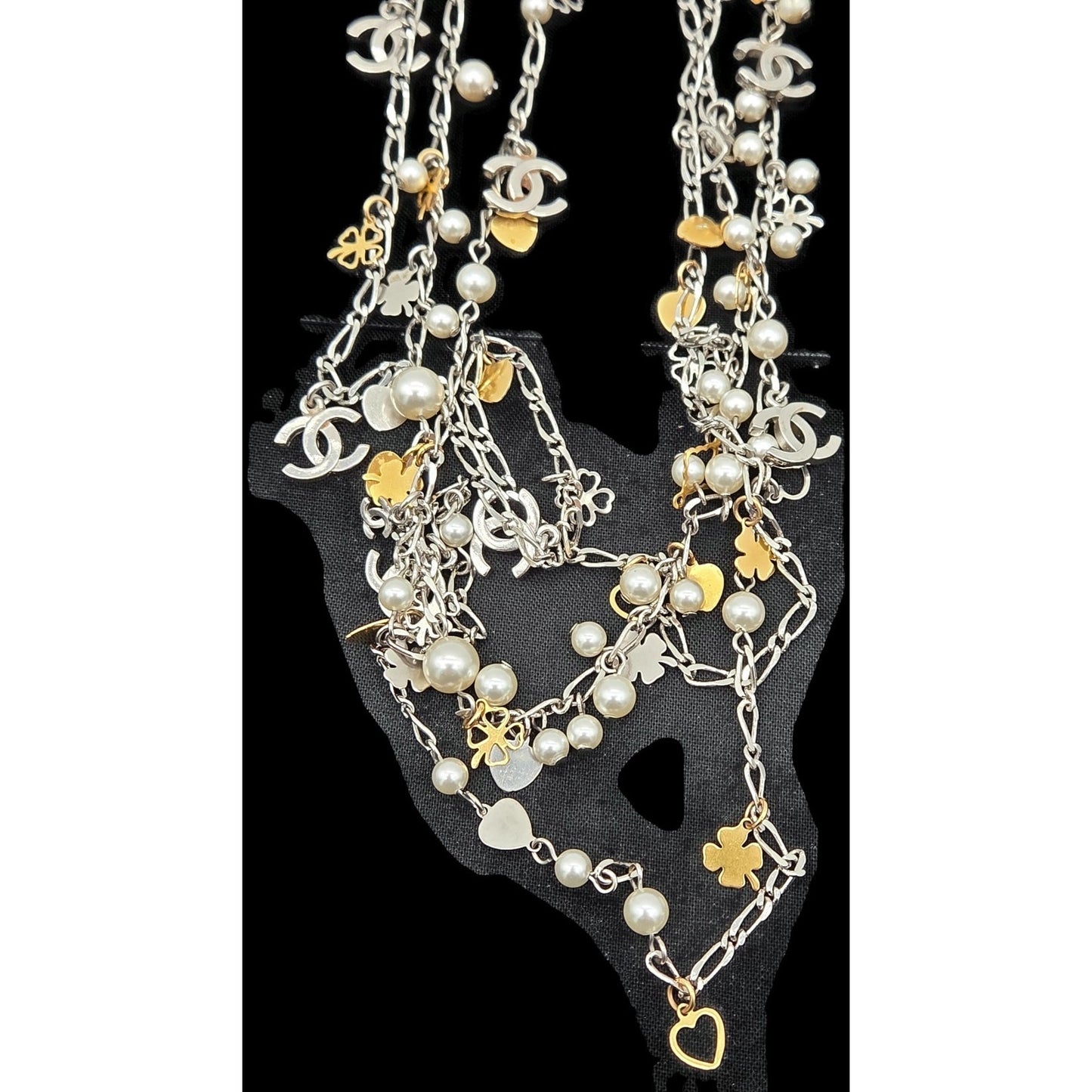 CoCo Chanel Three Strand Chain Hearts Clover Faux Pearl CC Logo Charm Necklace
