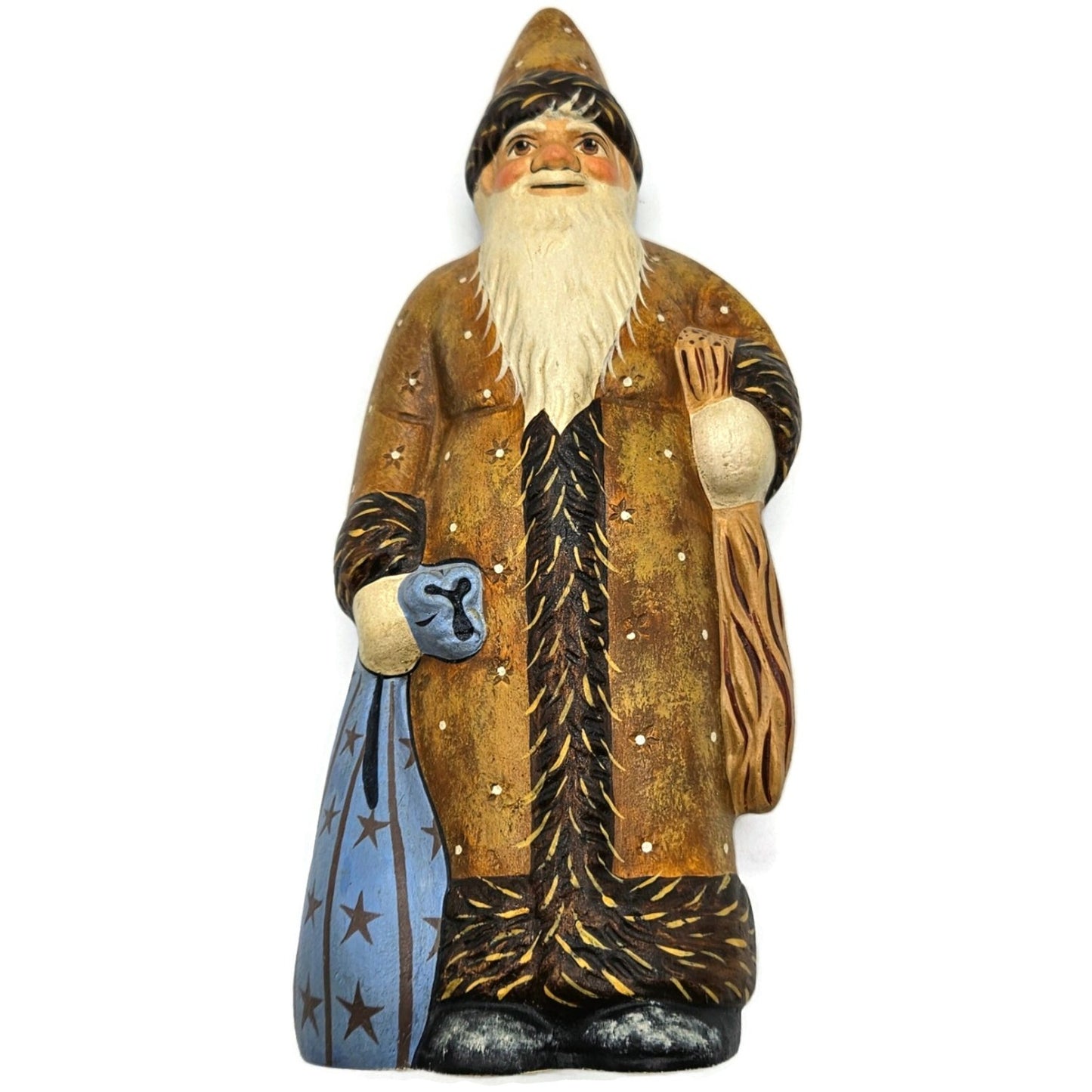 Vaillancourt Brown Father Christmas with Blue Sack Folk Art Chalkware Figurine