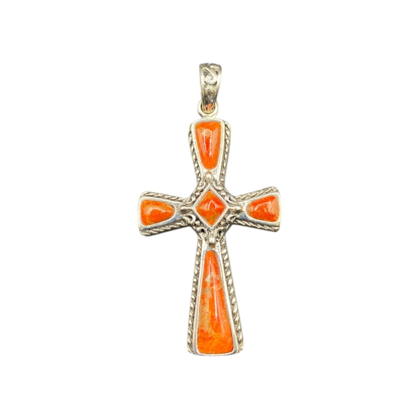 Sponge Coral Orange Stone Cross Pendant 925 Sterling Silver Crystal NK Thailand