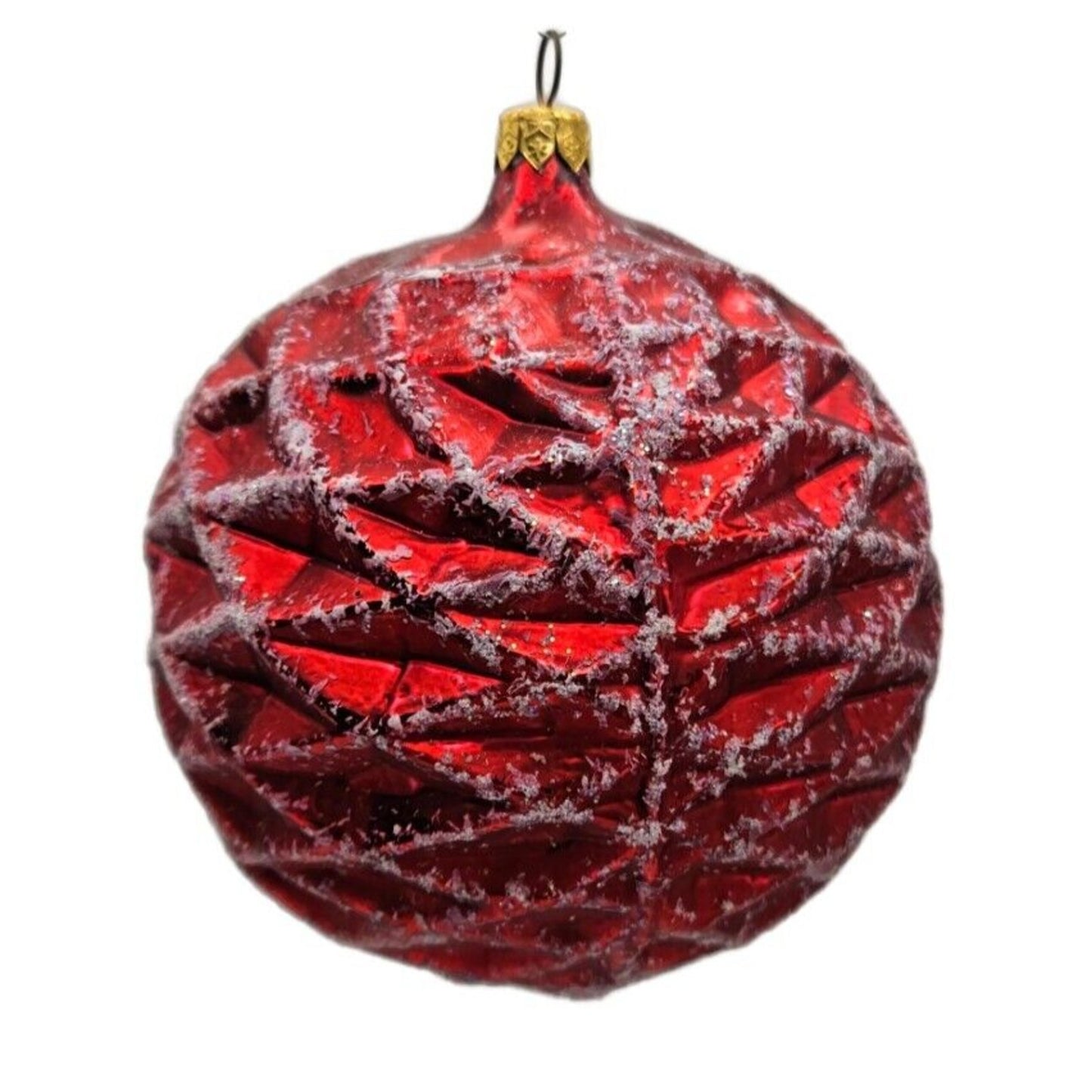 Christopher Radko Waffle Ball Red Glittered Christmas Holiday Ornament 96-133-0