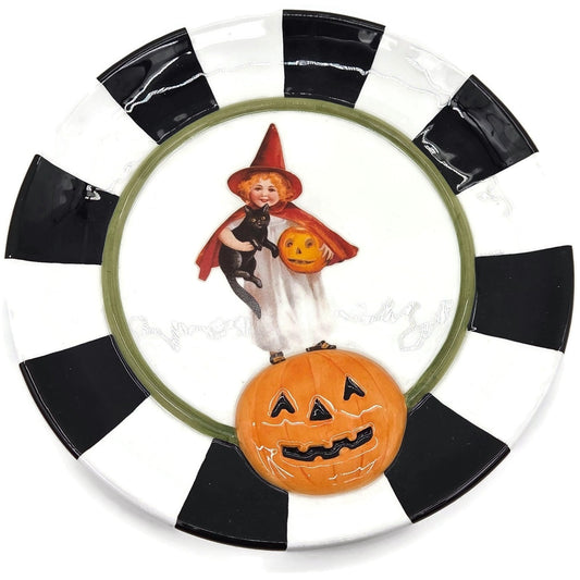Department 56 Plate Halloween Witch Black Cat Jack O Lantern Plate White Striped