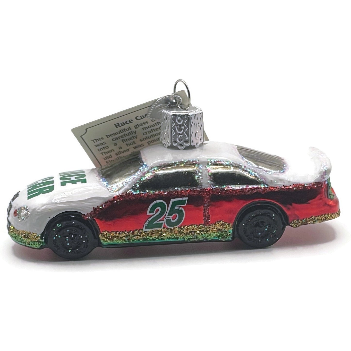 Race Car Ornament Vehicle White Red Glittered OWC Old World Christmas Decoration