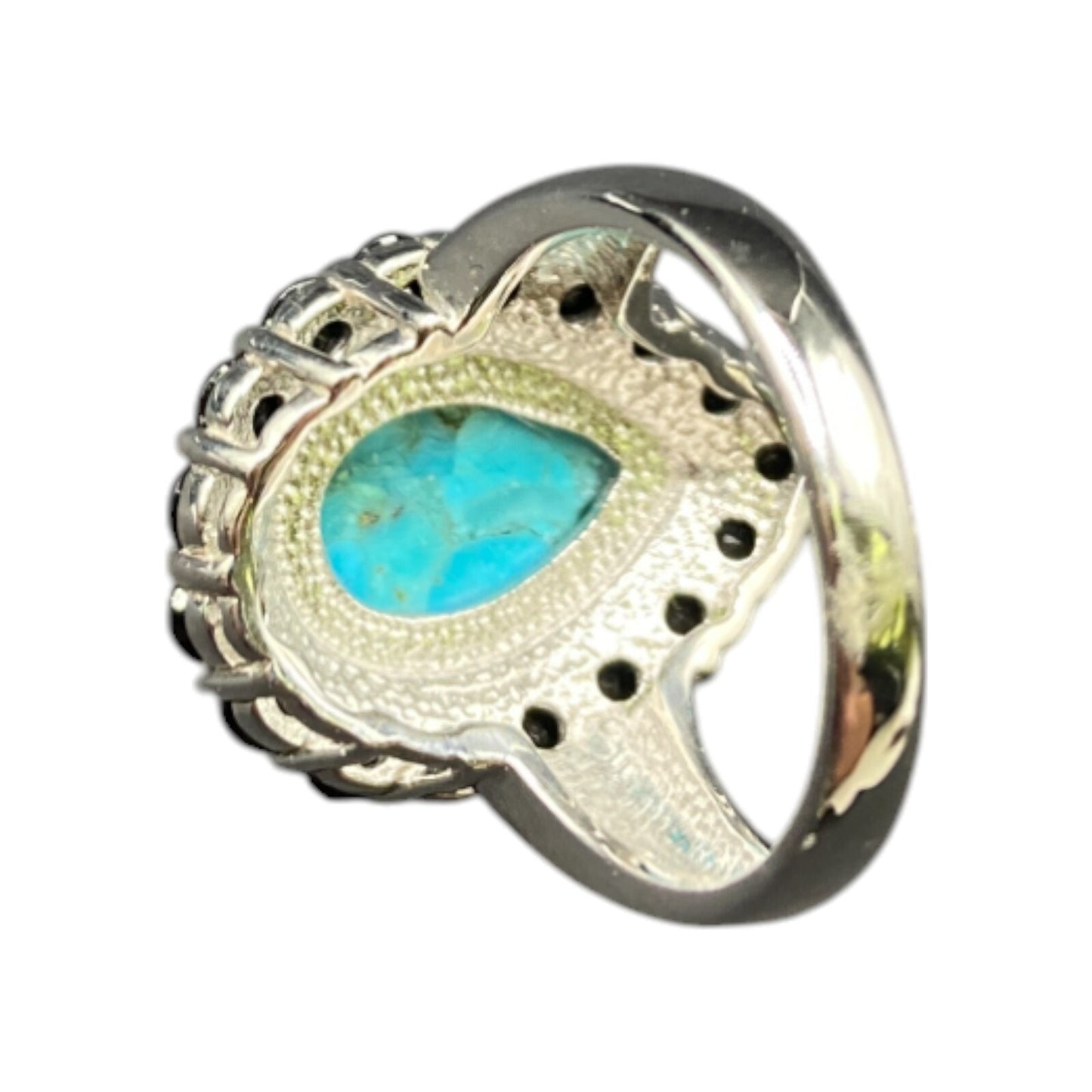Turquoise Ring Teardrop Gemstone Black Rhinestone 925 Sterling Silver Size 7.5