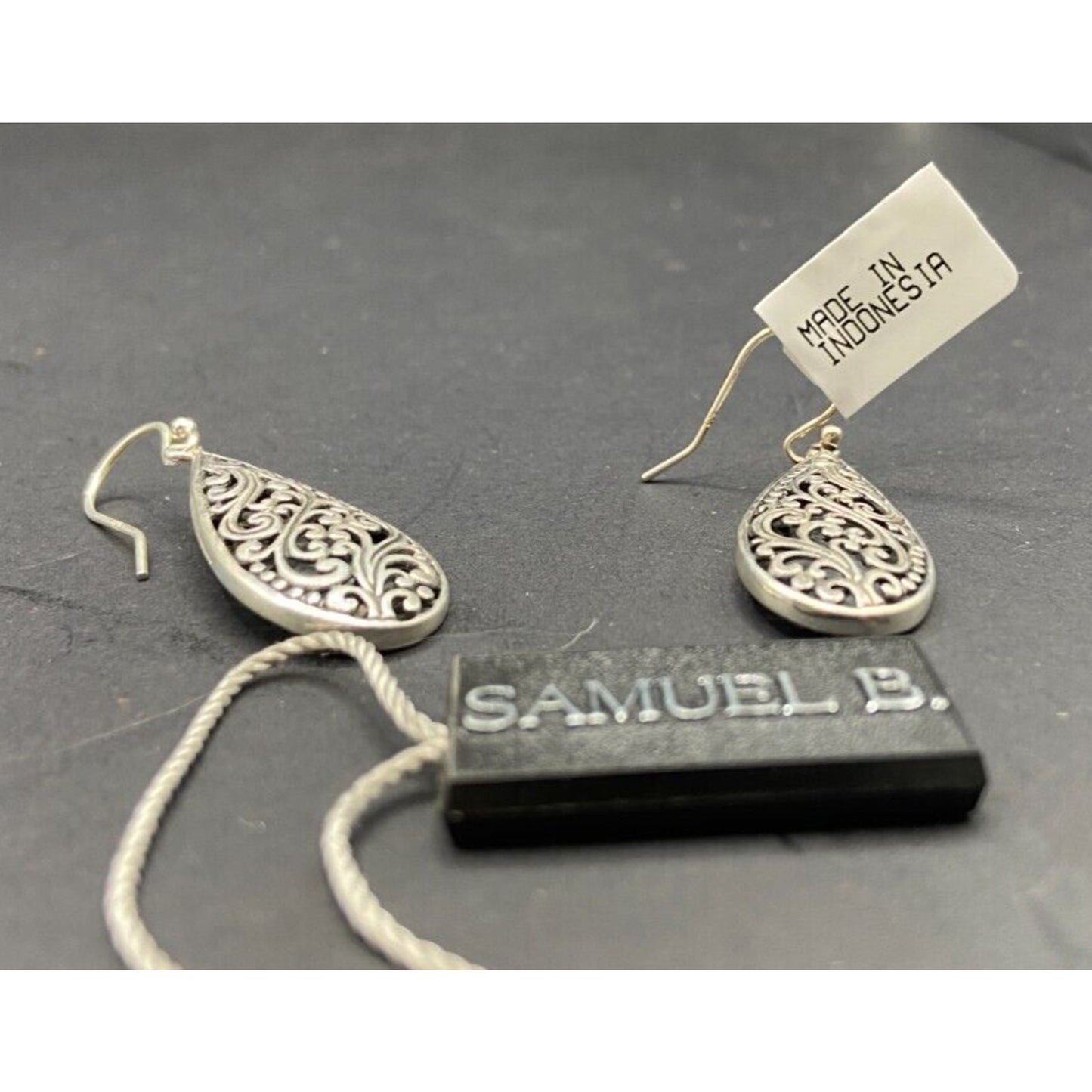 Samuel B Teardrop Shape Dangle Hook Earrings 925 Sterling Silver Filigree NWT